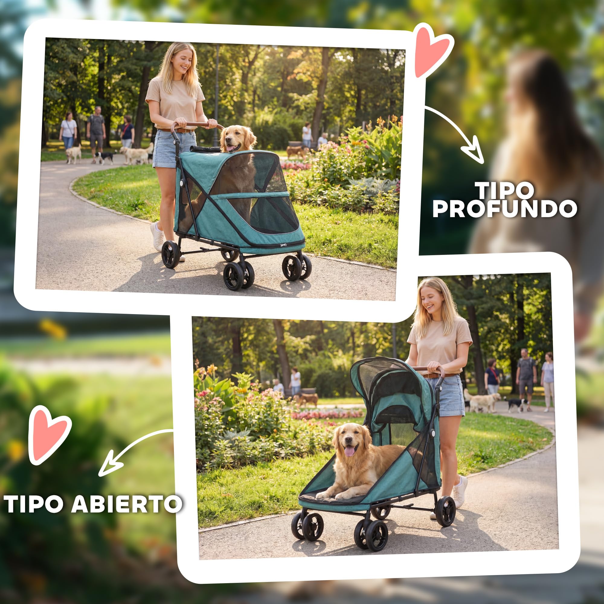 PawHut Carrito para Perros y Gatos Grande Plegable con un Botón hasta 30 kg, Cochecito para Perros Medianos y Grandes, Suspensión 4 Ruedas, Giratorio, Freno de Pie, Cojín Lavable, Turquesa