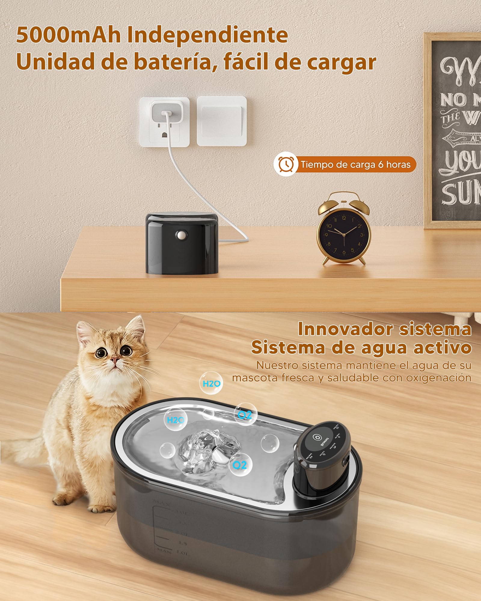 TOMXCUTE Fuente para Gatos 3L con Batería 5000mAh y Sensor | 3 modos: sensor, temporizador y continuo, con cuenco de acero inoxidable y salida automática de agua.