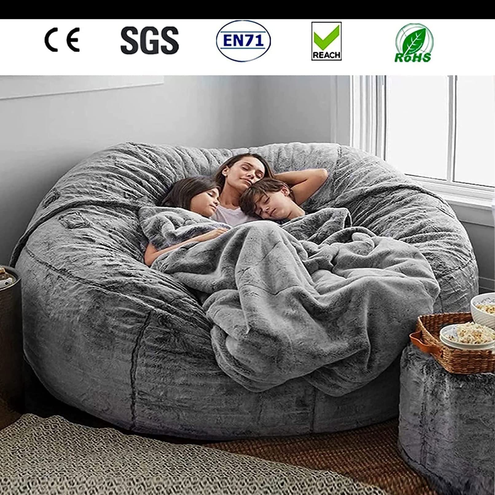 Sitzsack-/Stuhlbezug, riesiger Sitzsack-Sofabezug, weich und bequem, flauschiges Fell, Sitzsack-, Bett-Sofa-Bezug, faules Sofa, Liegestuhl-Kissenbezug, Himmelblau, Kingsize-Bett