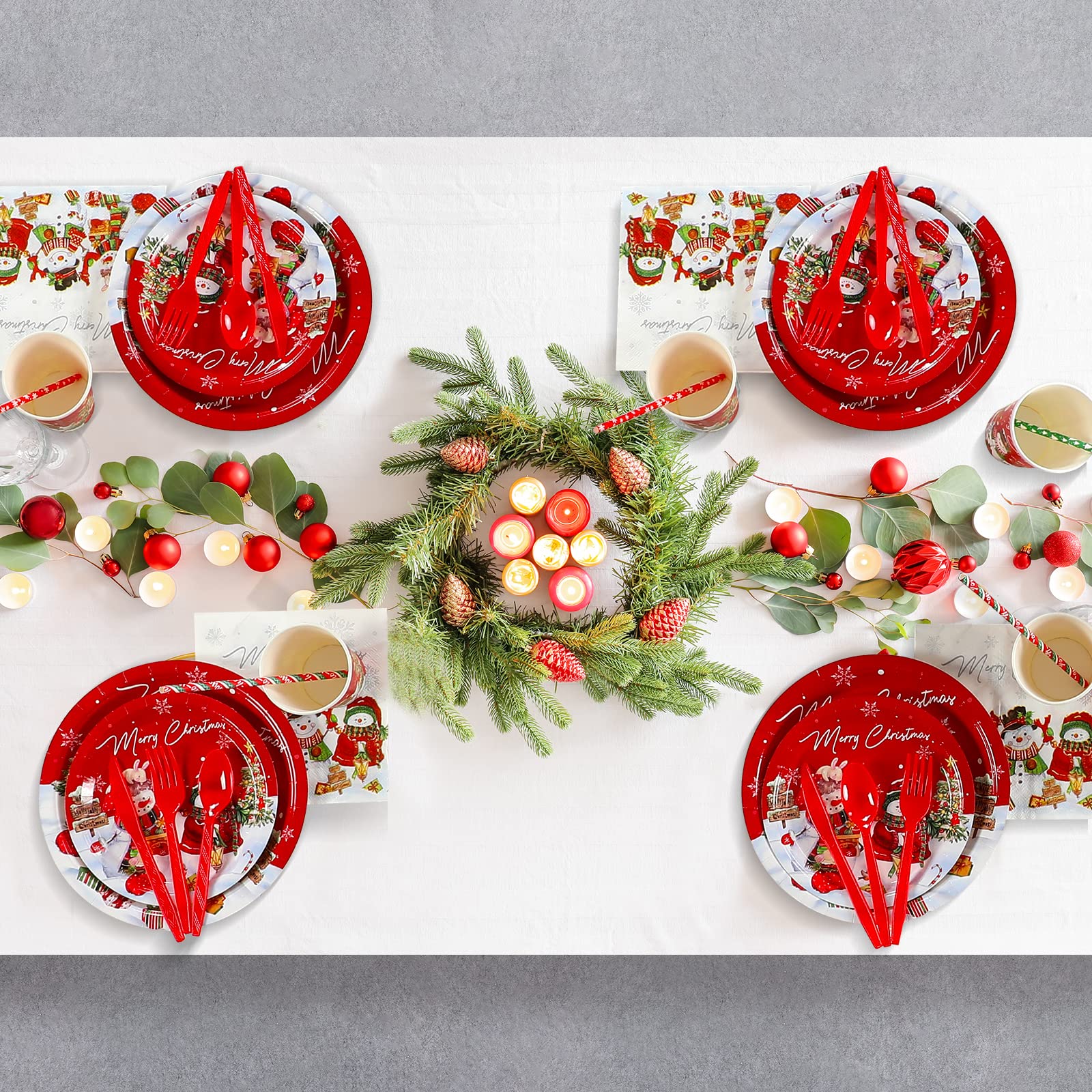 Christmas Snowman Party Supplies, Christmas Snowman Plates and Napkins Set, Disposable Paper Plates Napkins Cups Knives Spoons Forks for Merry Christmas Winter Holiday Party Decorations, Serve 25