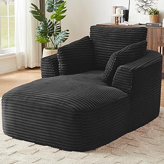 45” Chaise Lounge Chair Indoor, Corduroy Oversized Chaise Lounge with 3 Pillows for Bedroom Living Room, Boneless Chair with Armrest, No Assembly Required (Black)