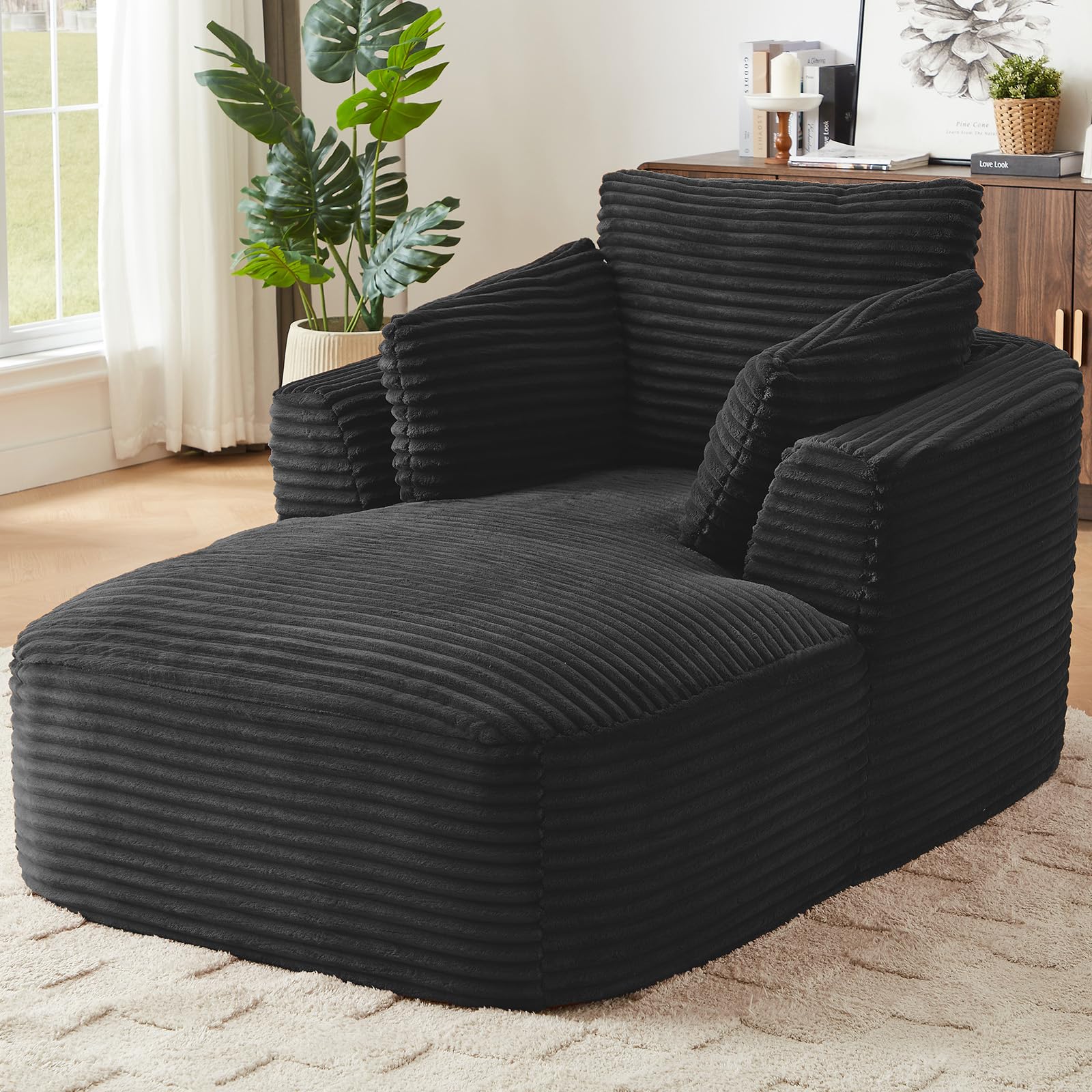 45” Chaise Lounge Chair Indoor, Corduroy Oversized Chaise Lounge with 3 Pillows for Bedroom Living Room, Boneless Chair with Armrest, No Assembly Required (Black)