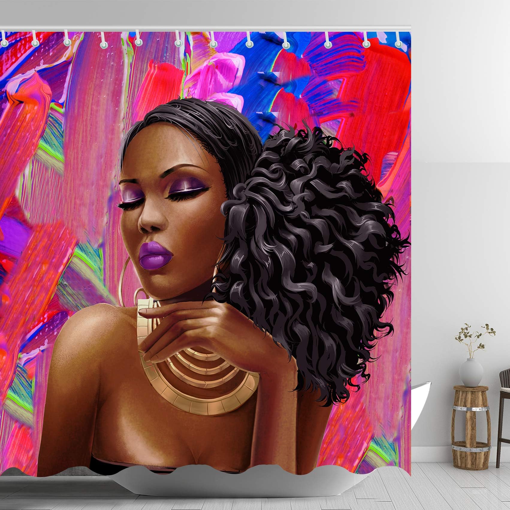 ABxinyoule African American Shower Curtain Afro Girl Black Hair Woman Fashion Makeup Bathroom Curtains Purple