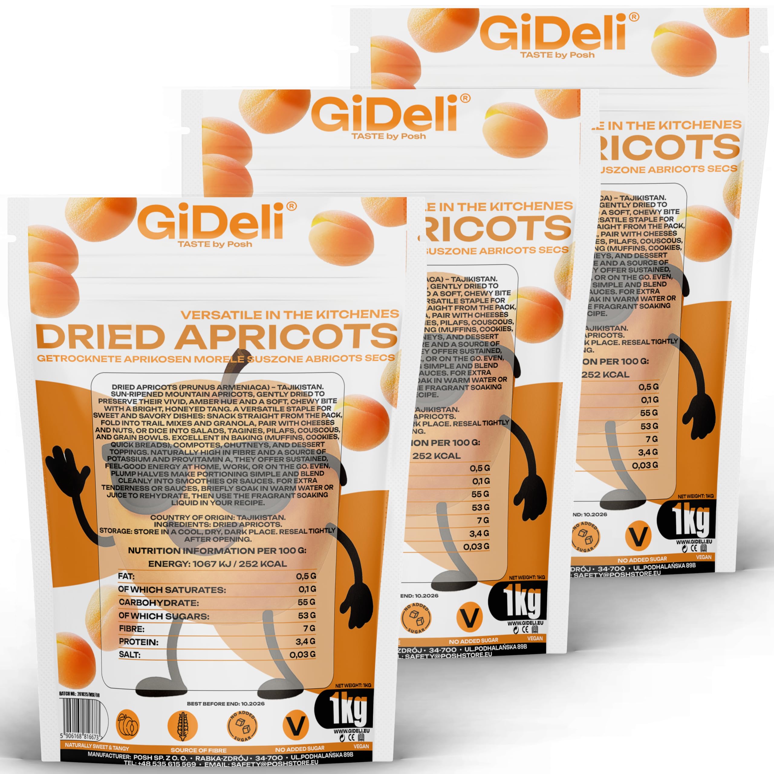 GiDeli Aprikosen getrocknet 3 x 1 kg - Trockenobst ungezuckert - Früchte perfekt für vegane und gesunde Ernährung - reiner Fruchtgeschmack
