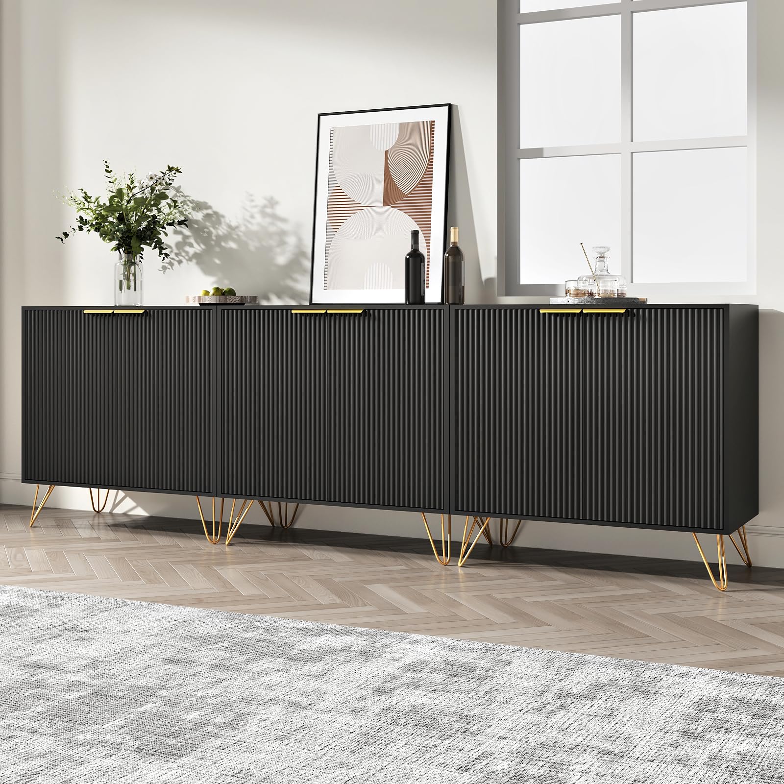 NOVAMAISON Black Buffet Cabinet Set of 3, Storage Cabinet with Metal Legs and Adjustable Shelf, Sideboard Coffe Bar Cabinets with 2 Doors for Dining