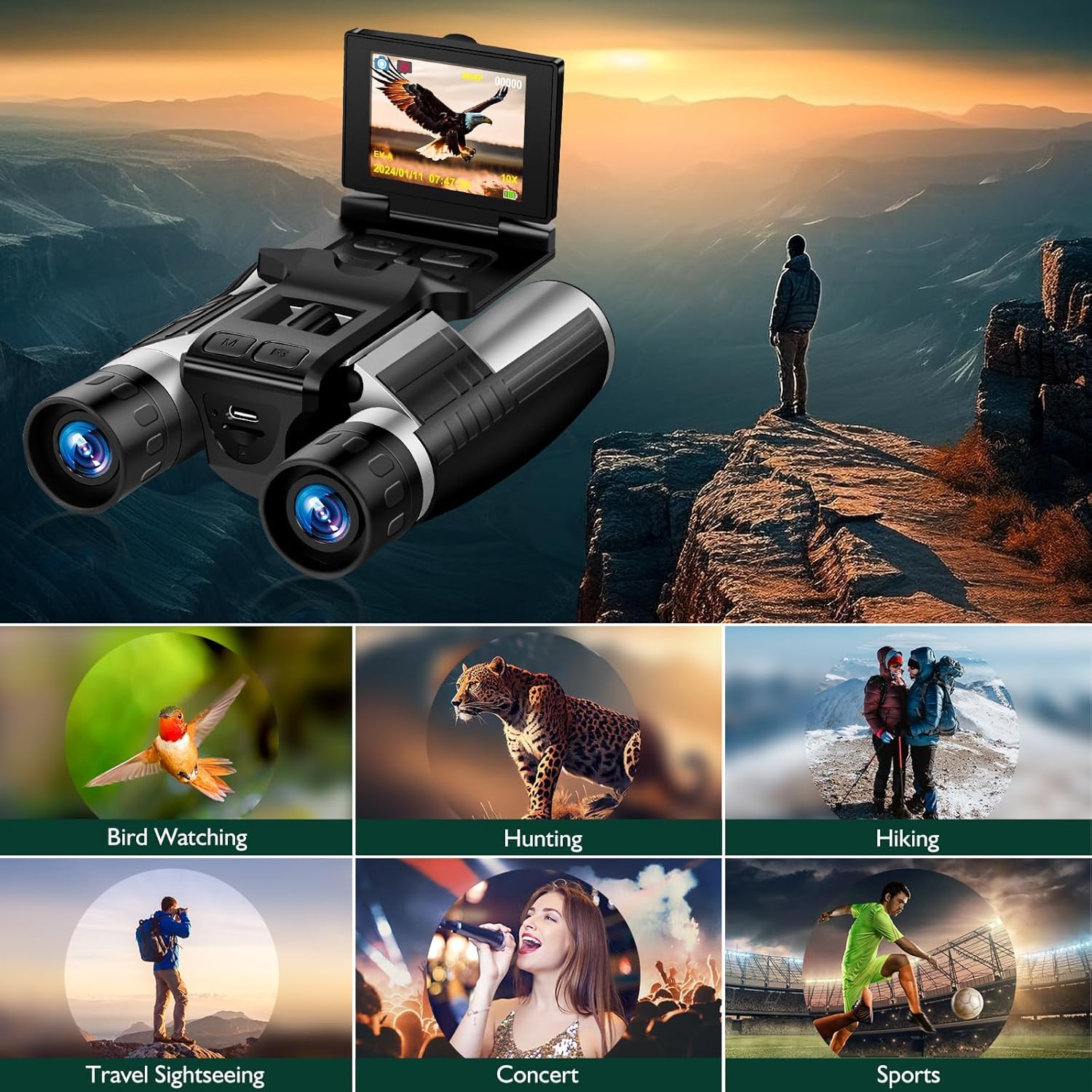 Prismáticos digitales con cámara para adultos, pantalla LCD de 2.4 pulgadas, cámara de 48 MP, videos de 2.5 K, zoom digital de 10X, ideal para conciertos, observación de aves y aventuras al aire libre