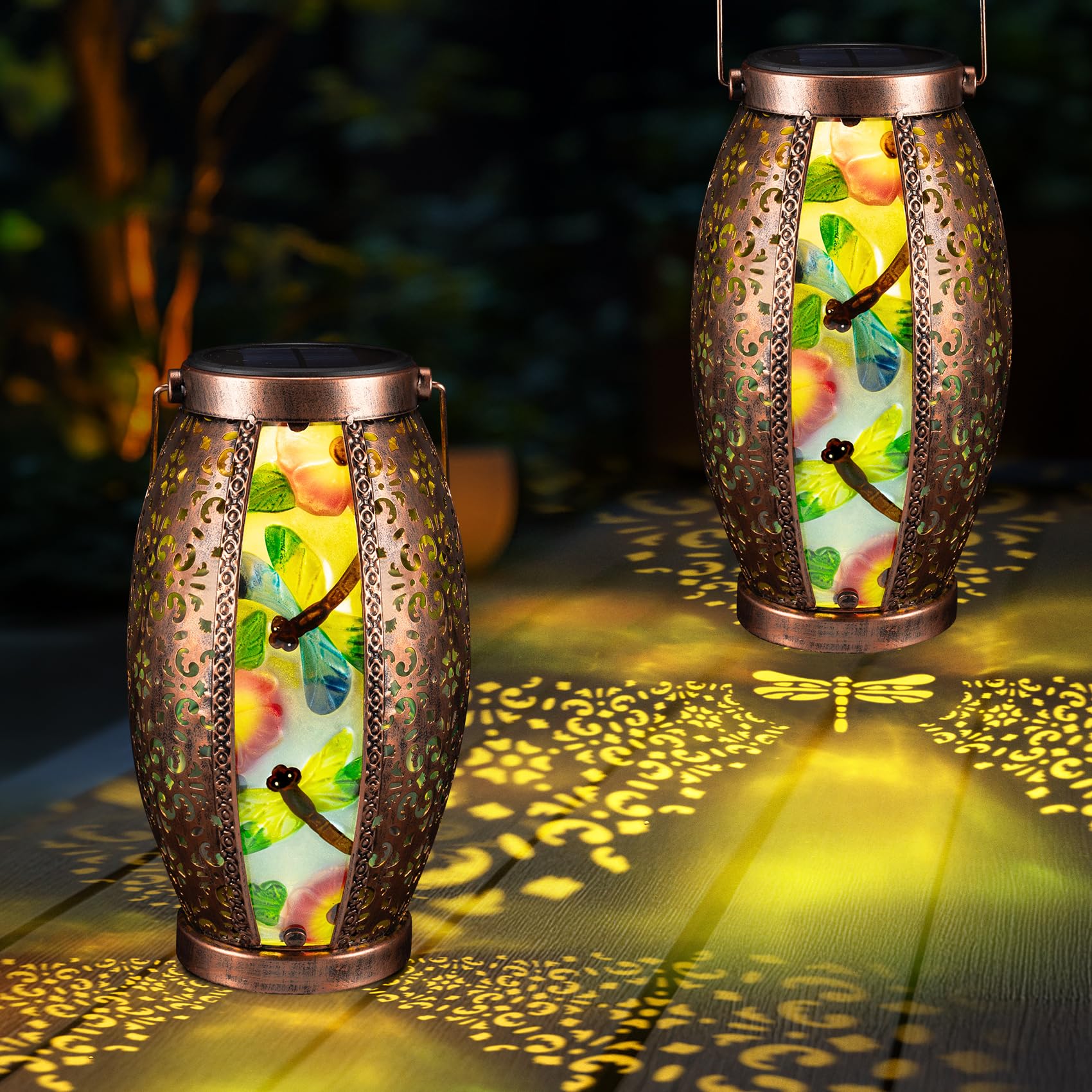 Twirleternity 2PCS Dragonfly Outdoor Solar Lanterns Glass & Metal Tabletop Lamp with Hollowed-Out Design Waterproof Hanging Light for Garden Patio Mother's Day Gift, 7" W x 15.3" H
