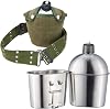 G.I. Army Stainless Steel Canteen Military with Cup and Green Nylon Cover Waist Belt for Camping Hiking Climbing Cup with Foldable Grab Handle
