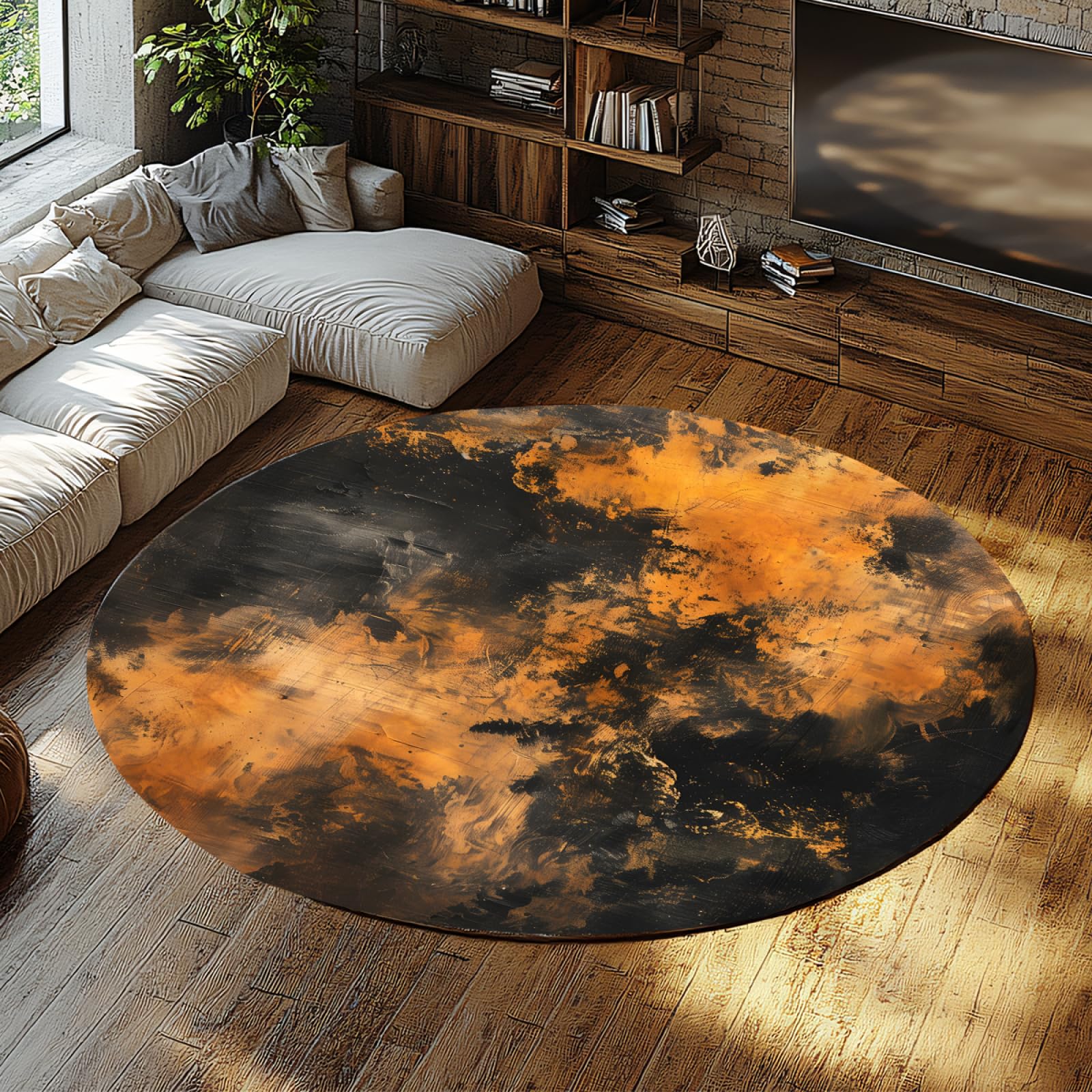 Tapis lavable et non glissant pour salon moderne noir orange