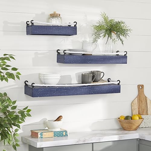 Miniatura 6 de Deco 79 Estante de pared de madera con 3 estantes con cuerda anudada, juego de 3 32 pulgadas, 25 pulgadas, 17 pulgadas de ancho, azul