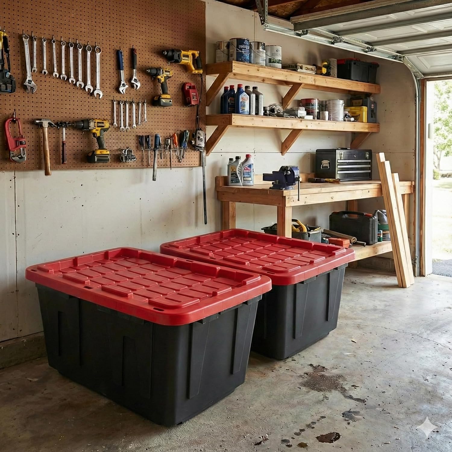 27 Gal Industrial Tote,4 Pack Plastic Storage Bins with Lids Tough Large Storage Bin,Black with Red Lid Plastic Storage,Stackable & Nestable for Garage, Basement, or Outdoor (4 Pack)