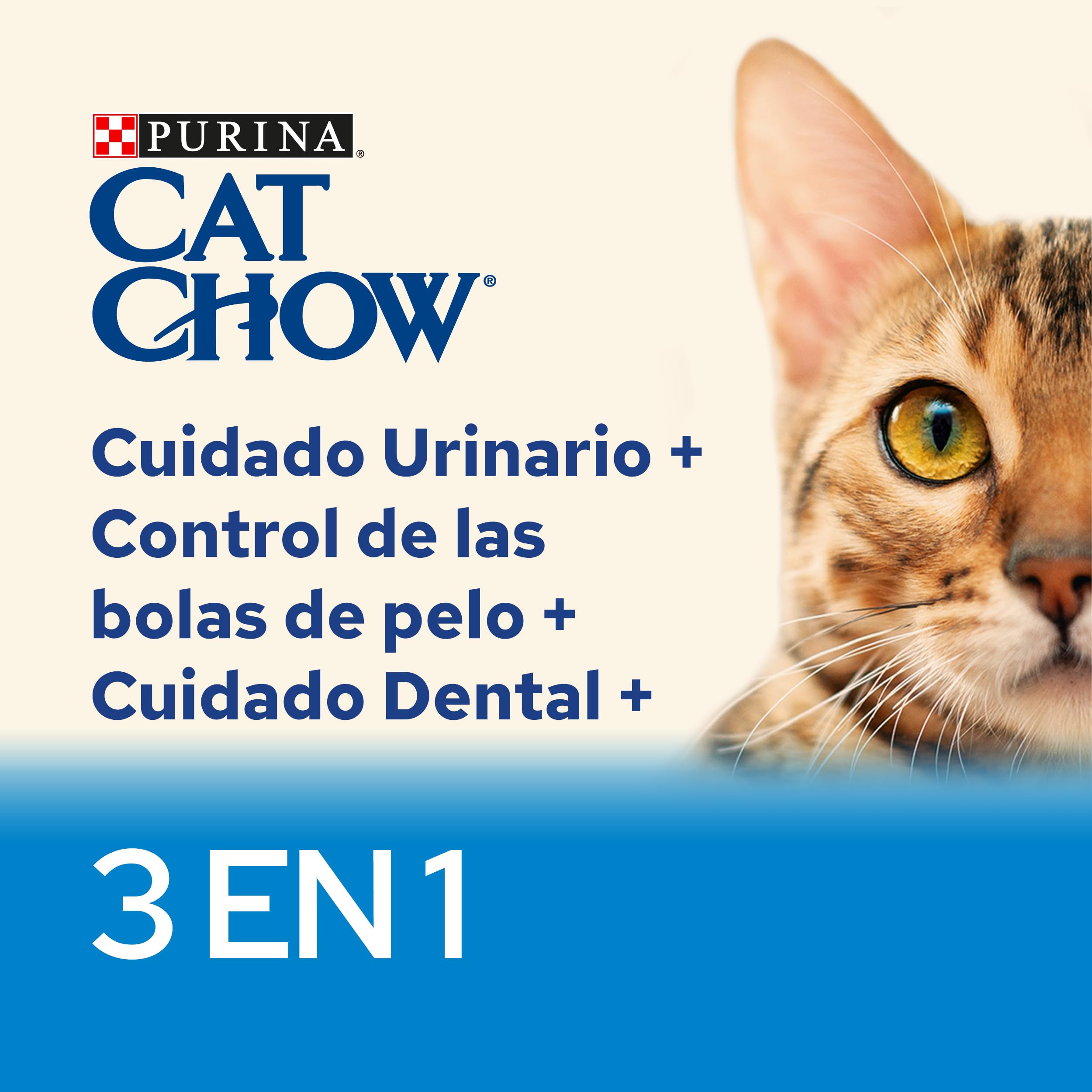 Purina Cat Chow Pienso para Gato Adulto 3en1 Cuidado Urinario, Bolas de Pelo, Dental con Buey, saco de 15kg