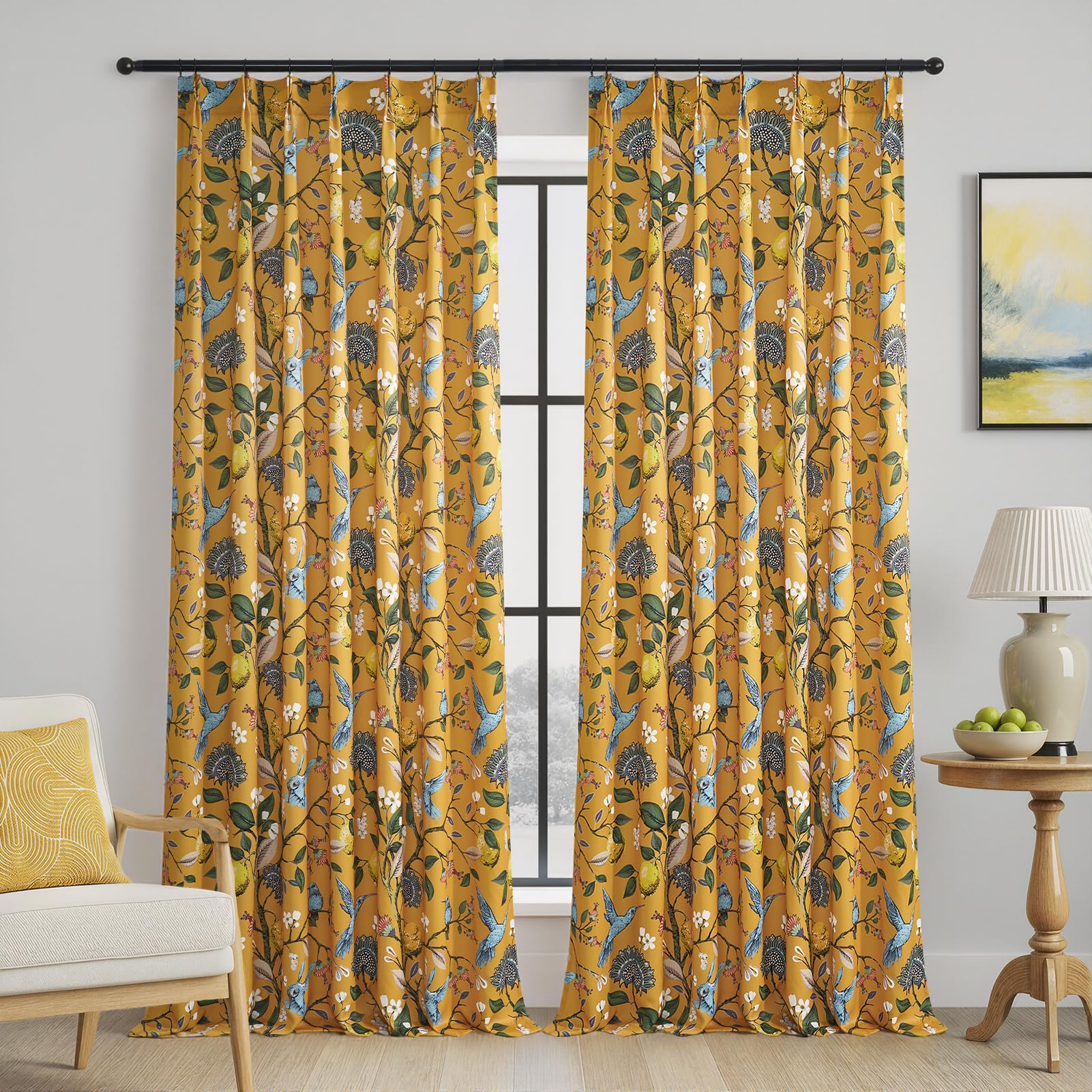 Mustard Yellow Floral Pinch Pleat Curtains 102 Inches Long,Extra Long Lemon &amp; Hummingbird Blackout Drapes for High Ceilings Living Room Bedroom Farmhouse, 2 Panels