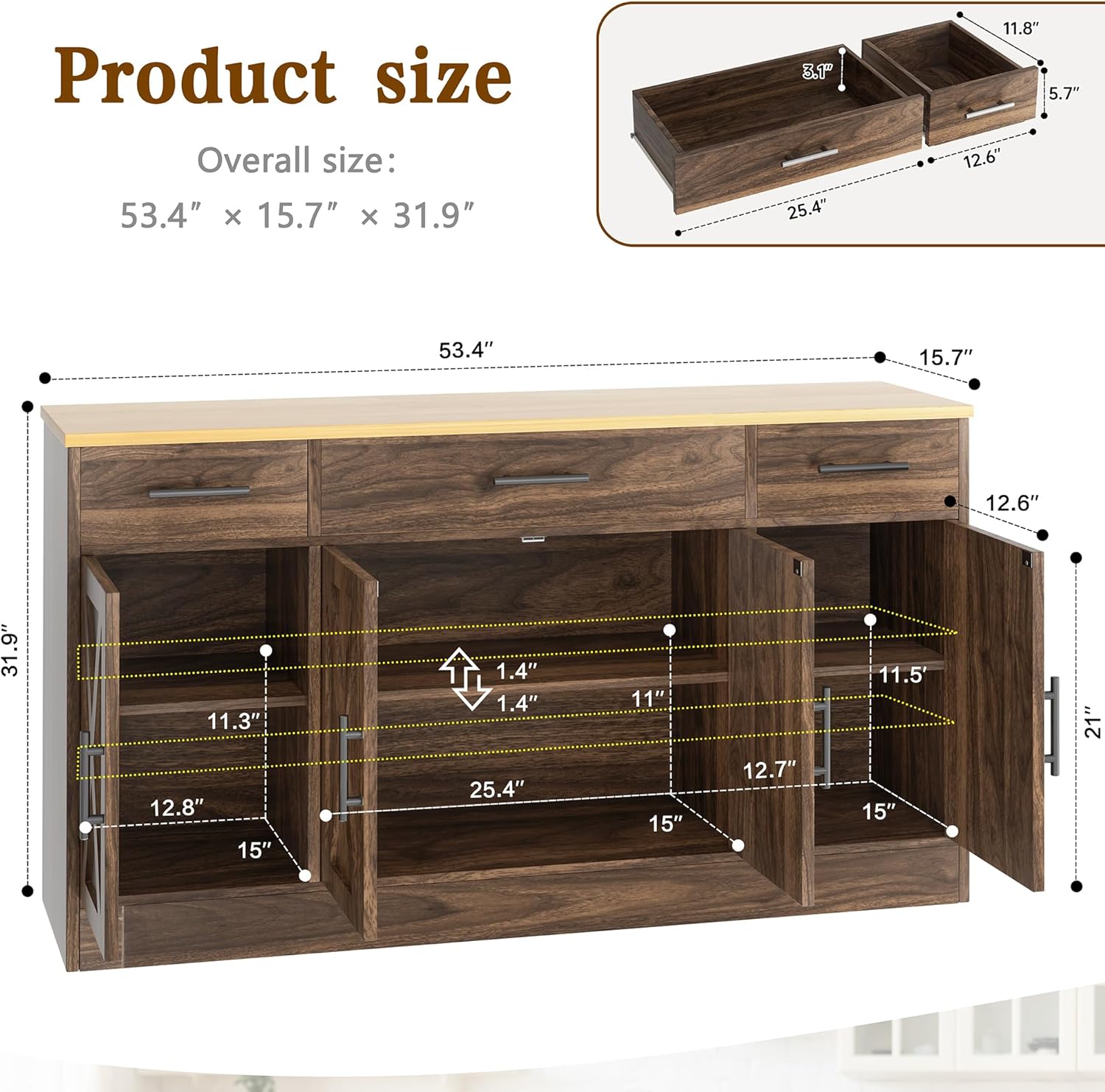 Buffet Cabinet with Ders, 53” Lar Sideboard Buffet Kitchen