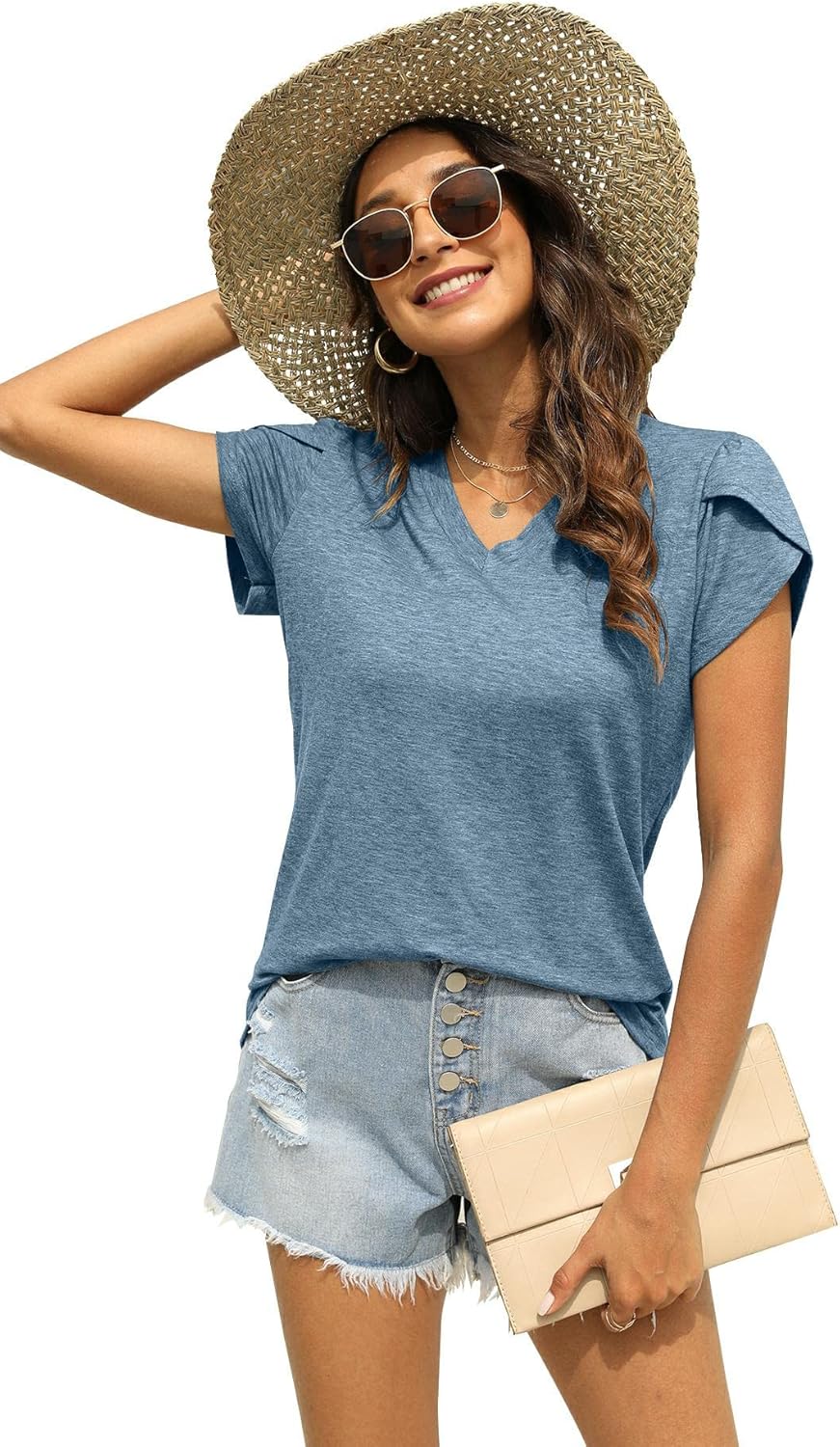 NANYUAYA Womens Casual Summer Tops 2023 V Neck Petal Sleeve Blouse T-Shirts X-Large Light Blue