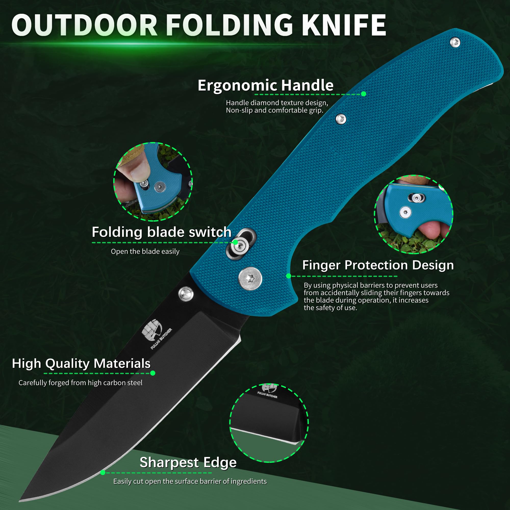 FULLHI navaja de bolsillo plegable G10 maneja con mosquetón clip para afilar Camping Supervivencia Senderismo Senderismo Cuchillos, Regalos para Mujeres Hombres Mamá Papá Amigo Regalo (Azul-negro)