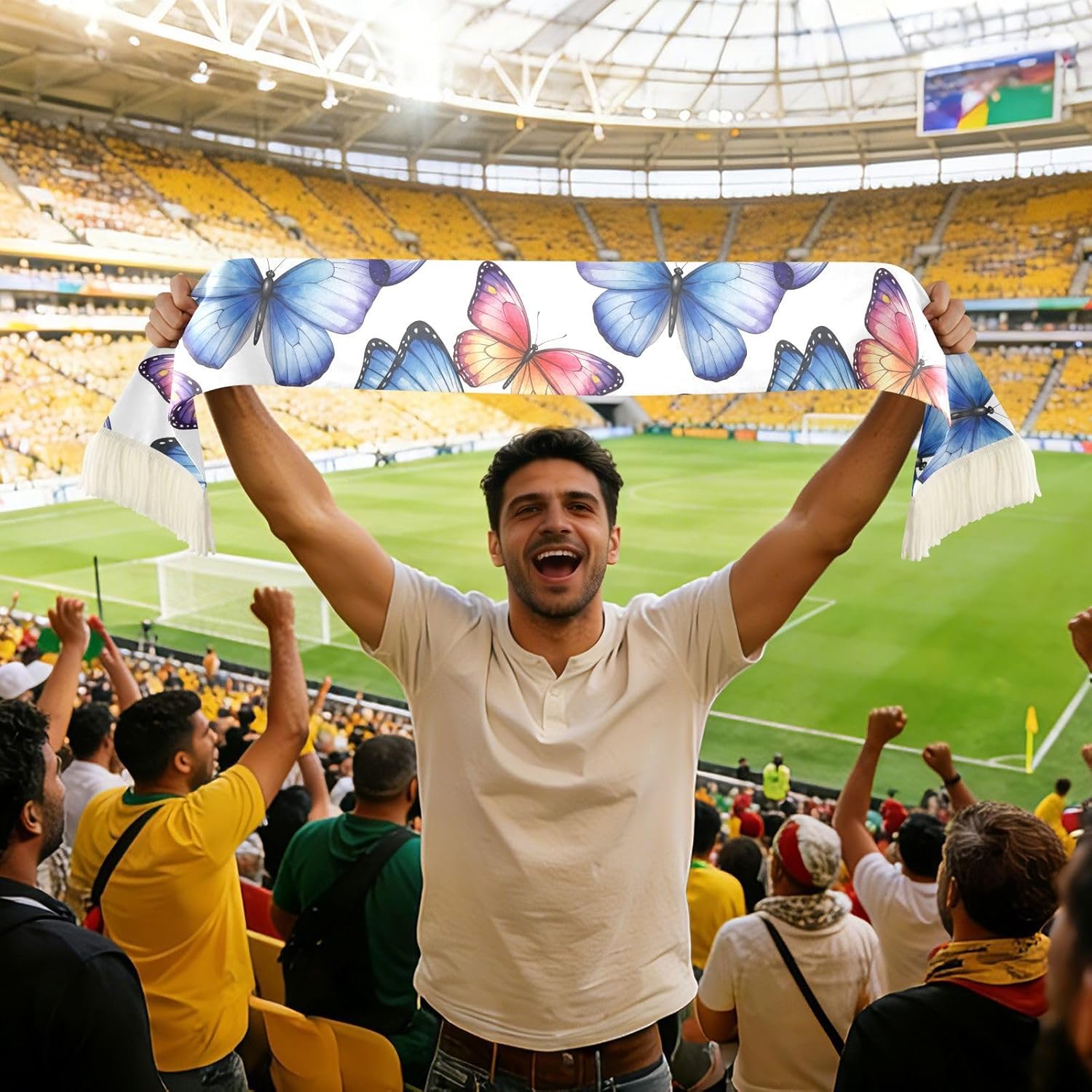 CHIFIGNO Butterflies White Sports Fan Scarf for Soccer Games, Soft Polyester Sweat Towel with Fringe Ends, Quick Dry Rally Cheering Banner