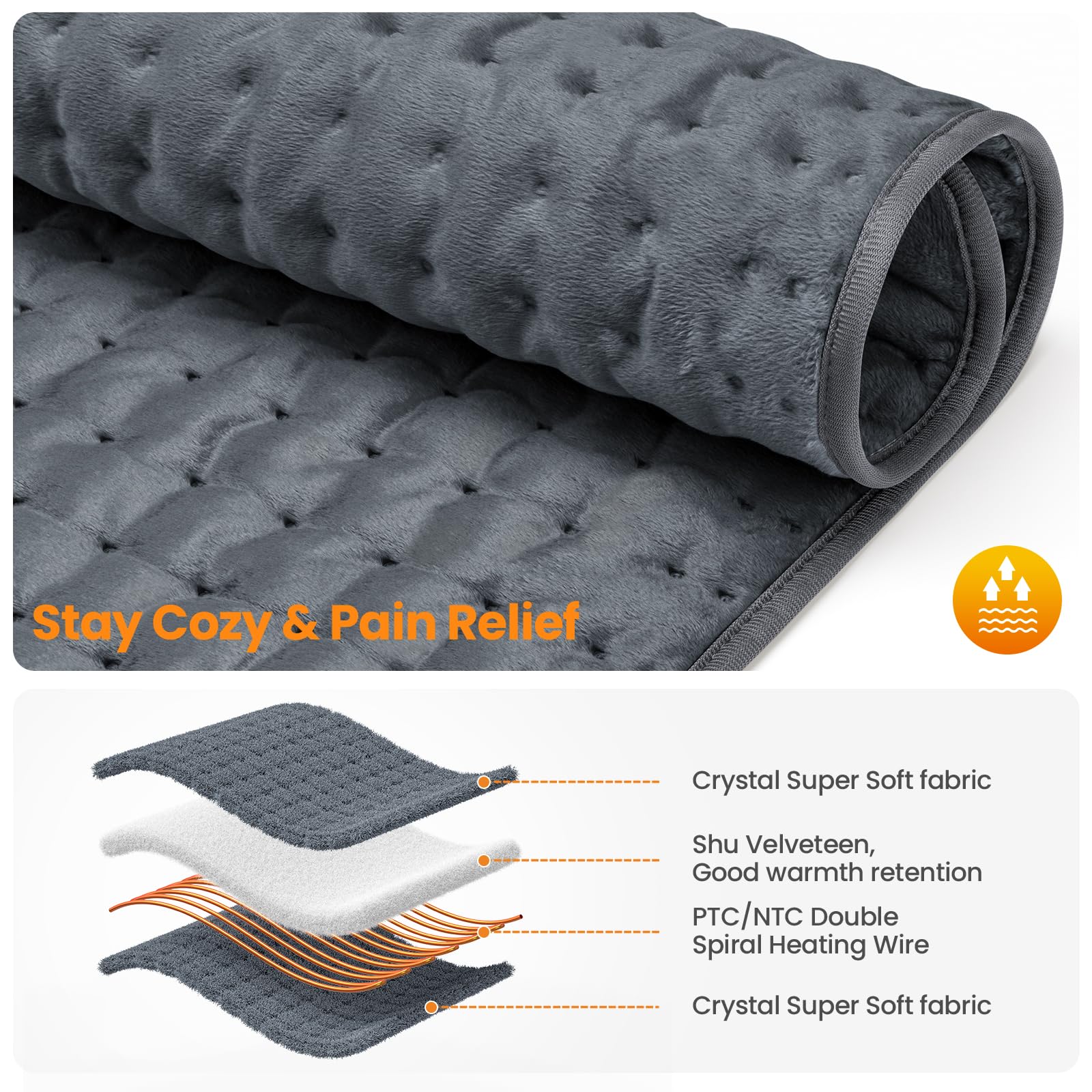 MYCARBON 92x50cm Coussin Chauffant Électrique Extra Large, Arrêt Automatique, 6 Niveaux de Température, Protection Contre la Surchauffe, Pad Chauffant pour Dos, Épaule, Nuque - Gris Foncé