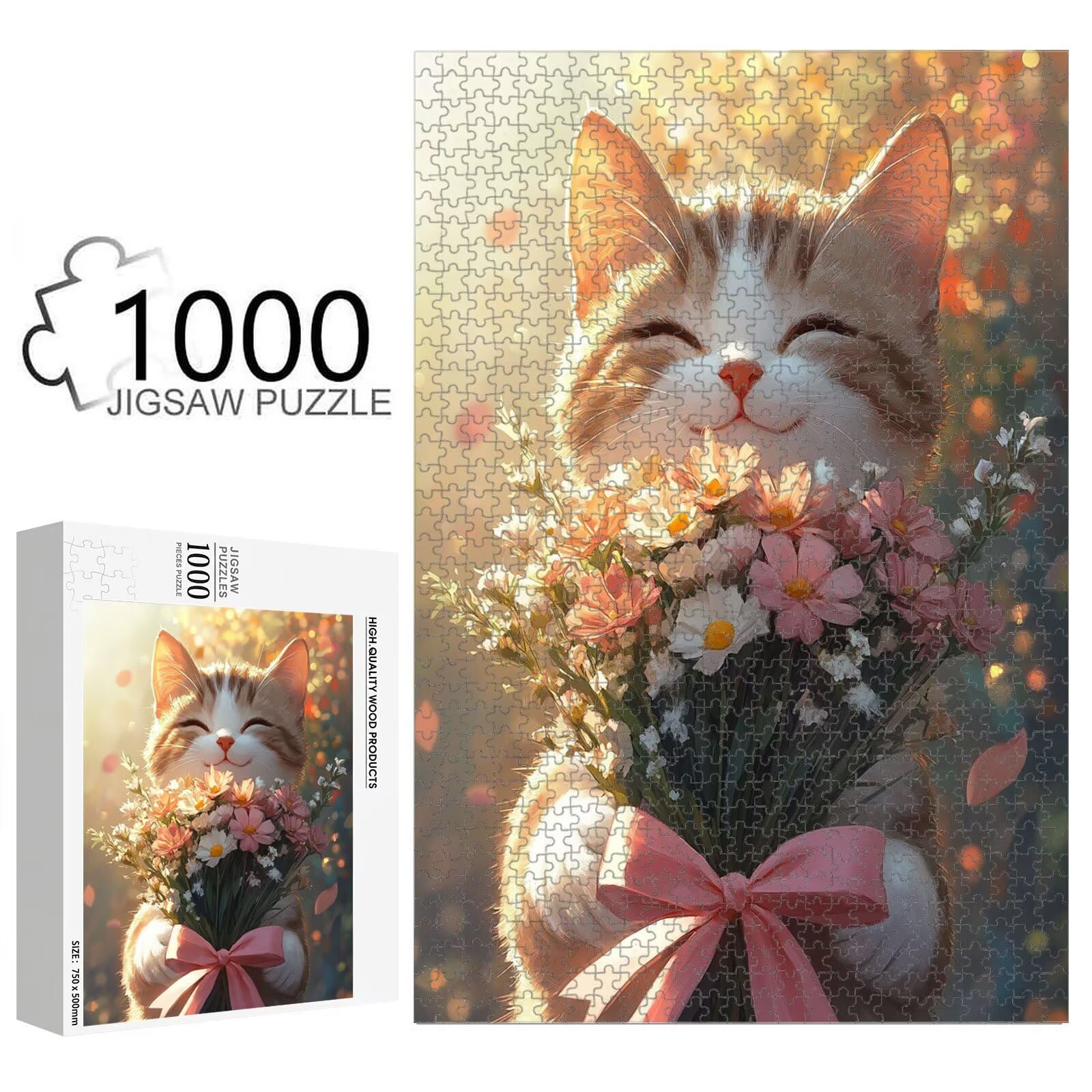 1000 sztuk puzzle dla dorosłych kot i kwiat solidne drewniane puzzle 1T#2405 | Drewniane puzzle, precyzyjne cięcie, jasne atramenty, relaksujący wypoczynek, wystrój domu, prezent, 50x75cm