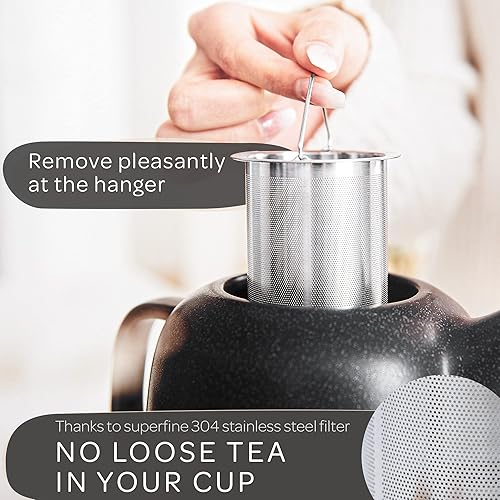 Miniatura 11 de Steinzeit Design - Tetera con calentador (44 onzas), tetera de cerámica prémium con infusor para té suelto, tetera negra de cerámica con vaporizador