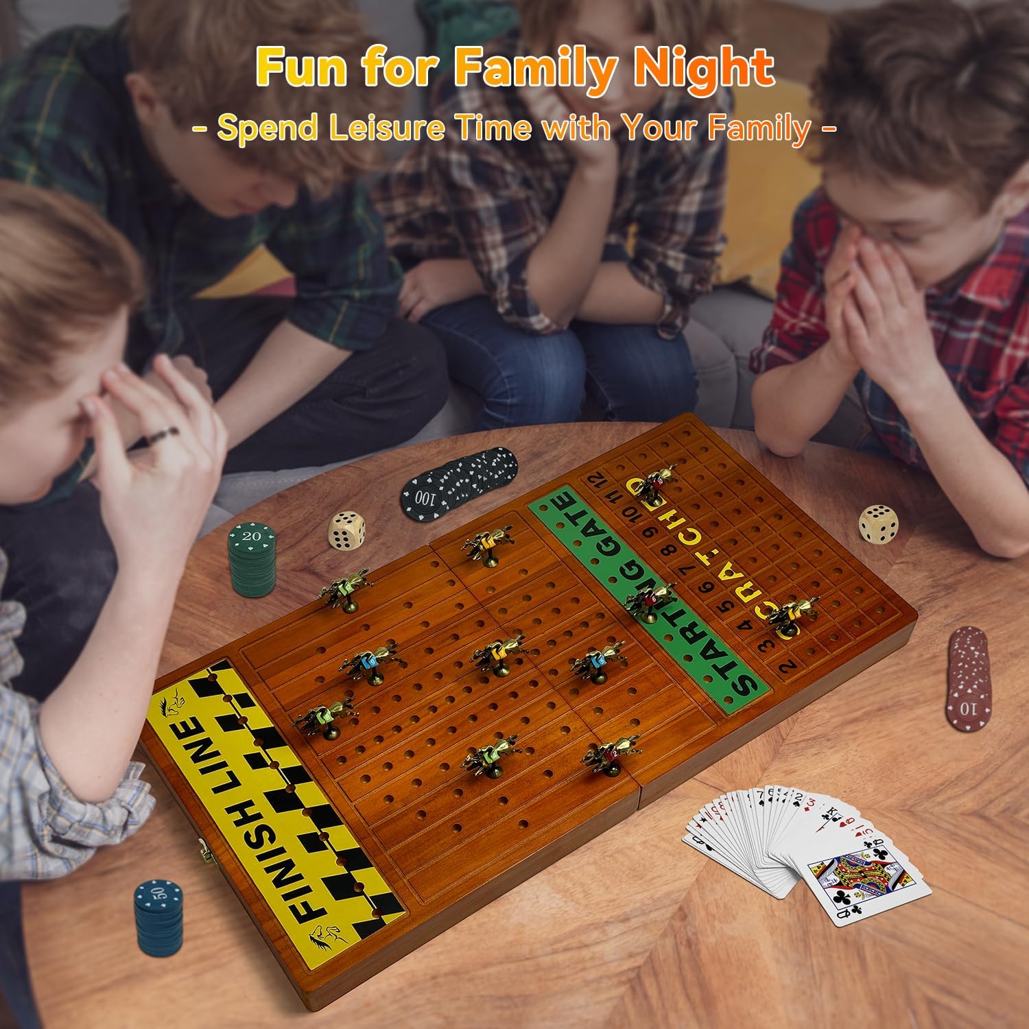 Large 23 inches Horse Race Board Game with Luxury Metal Numbered Horses, 4 in 1 Foldable Wood Horse Race Board Game with Dice Poker Chips/Chess & Checkers/Tic Tac Toe for for Adults Family Parties
