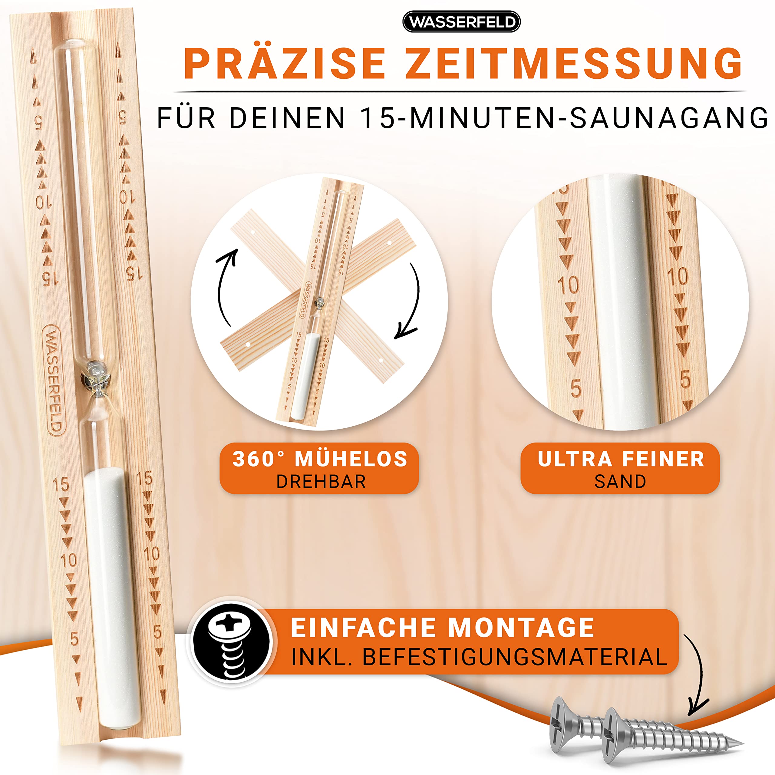 WASSERFELD® Seau de sauna (4 litres) – Seau de sauna de qualité supérieure avec truelle, sablier, thermomètre et hygromètre – Seau de sauna résistant à la chaleur de 4 l avec insert et corde de