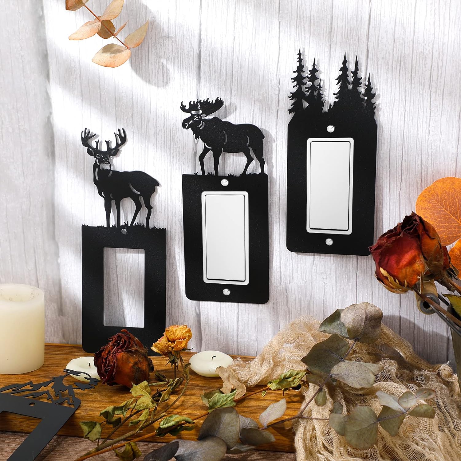 Kingdder 12 Pcs Metal Bear Light Switch Cover Moose Tree Mountain Elk Black Light Switch Plate Forest Outlet Toggle Wall Plate Cover for Home Single Gang Socket(Classic Style)