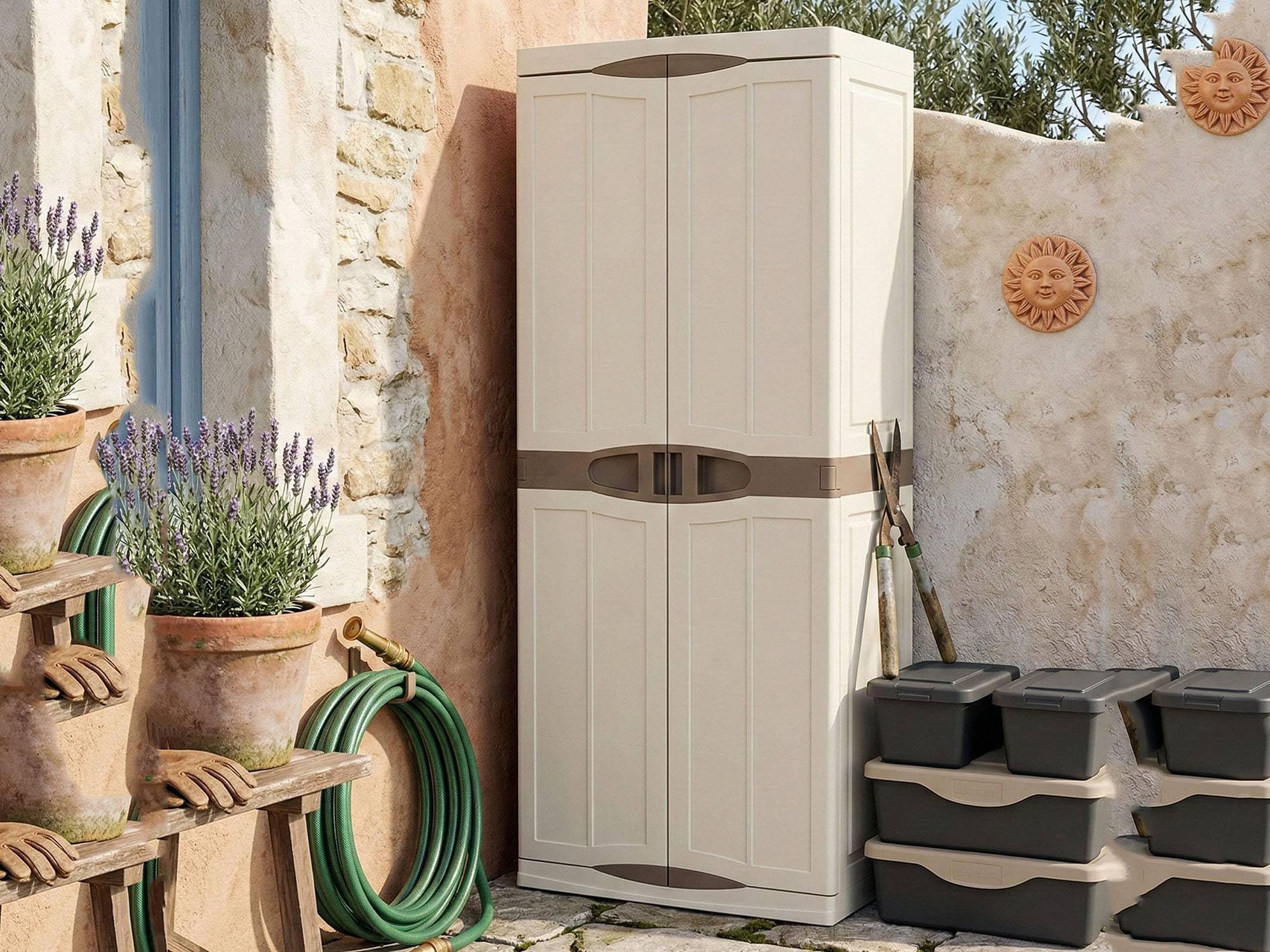 Dmora - Armadio da esterno Avelgem, Armadio balcone multiuso, Mobile porta scope 2 ante, 100% Made in Italy, 70x47h178 cm, Beige e Marrone, Finitura elegante