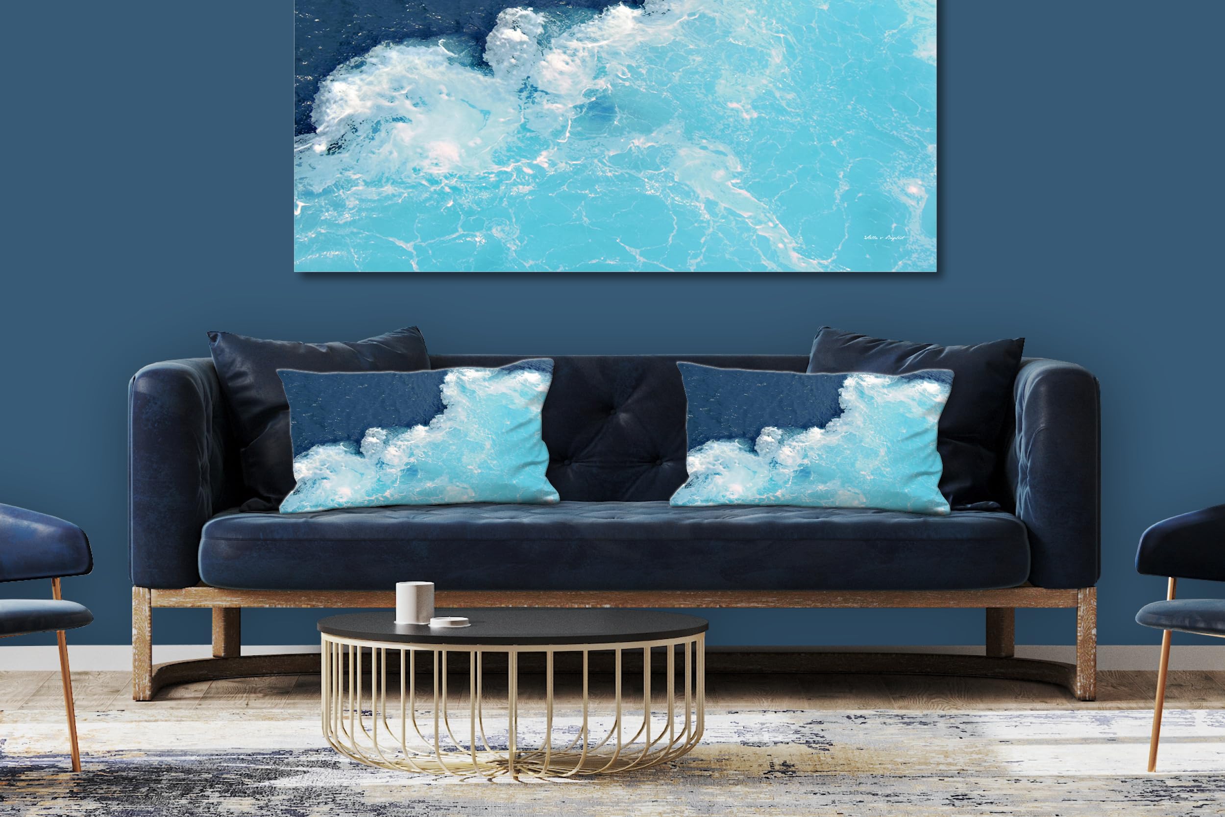 Wellen 3 - Foto-Kissen-Hülle Set (2 STK.) 40 x 40 cm | Kissen-Bezüge - passend zu Wandbild - Deko-Kissen - Strand Wellen Naxos Küste türkis
