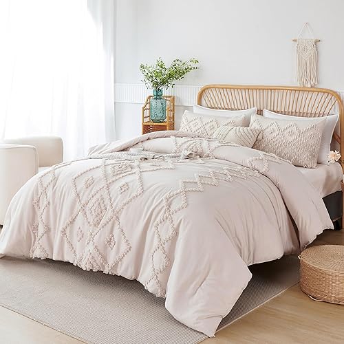 RYNGHIPY Juego de edredón beige tamaño matrimonial, juego de ropa de cama jacquard ligero y esponjoso, edredón bordado bohemio de 3 piezas con 2