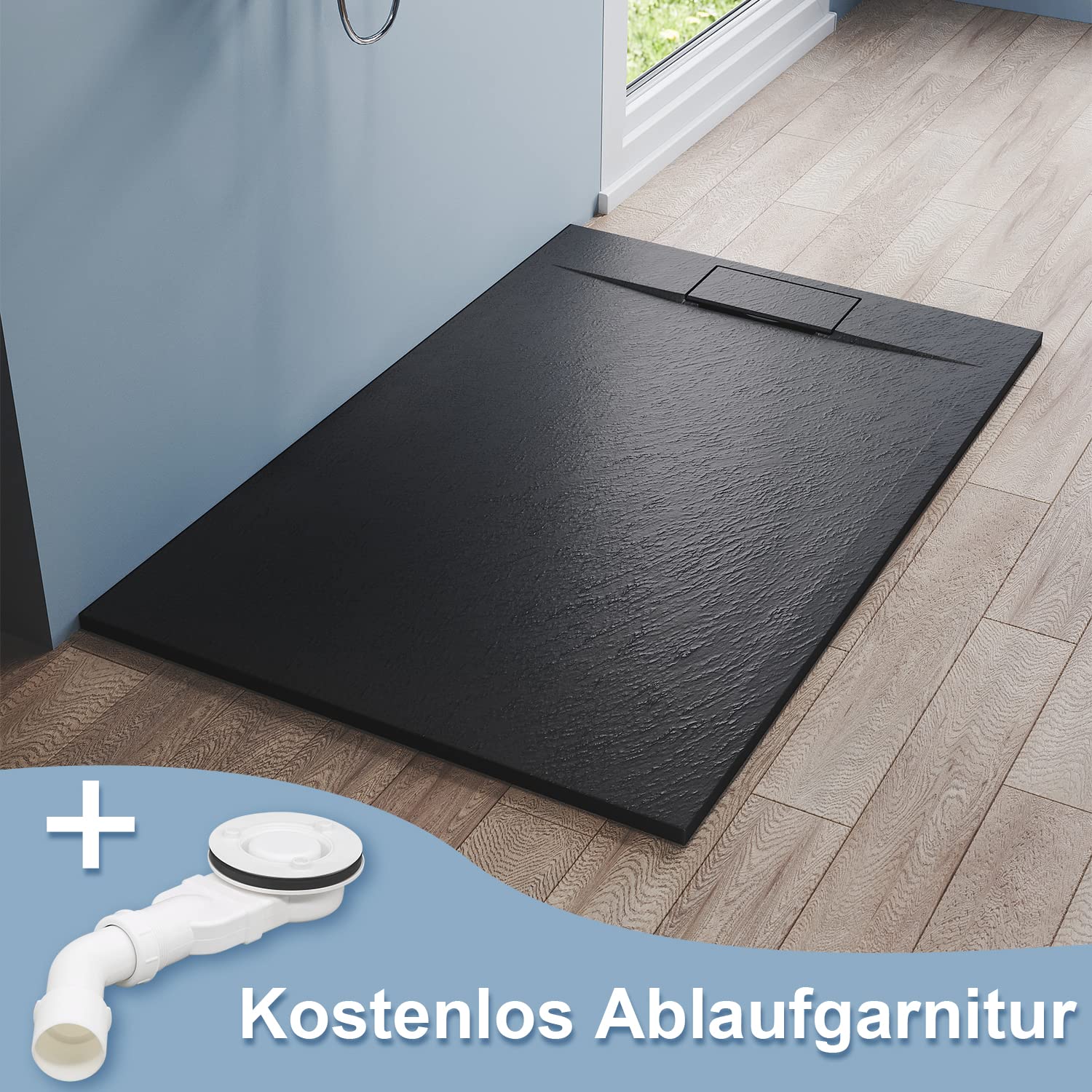Brodzik prysznicowy 140 x 90 cm, płaski, kompletny zestaw, czarny, wygląd łupka 32 mm, antypoślizgowa struktura, w zestawie syfon