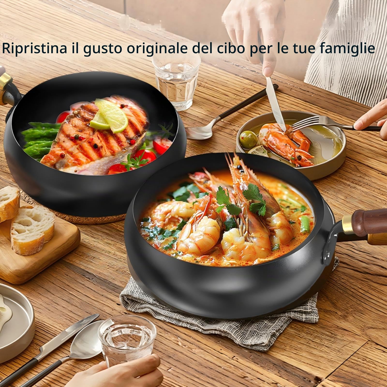 Padella Giapponese in Ferro Forgiato a Mano 24cm, Ferro Puro, Senza Rivestimento & Antiaderente Naturale, con Coperchio in Legno e Spatola, Adatta per Induzione, Gas ed Elettrico