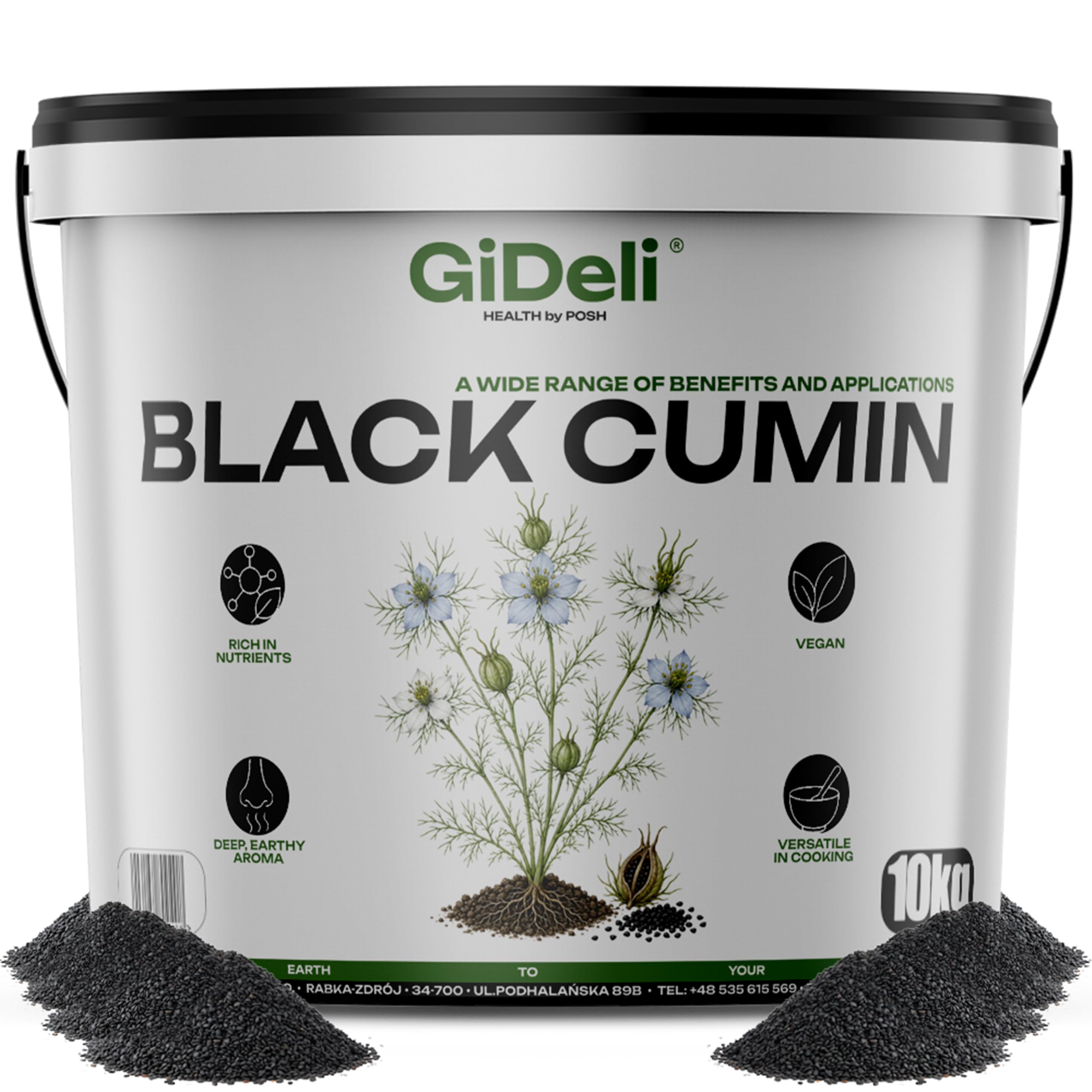 GiDeli Semi di Cumino Nero 10kg - Vera Nigella Sativa Intera dalla - Aroma Profondo e Terroso, Accuratamente Selezionato - Semi di Nigella Freschi Vegani per Pane, Insalate, Yogurt e Tisana