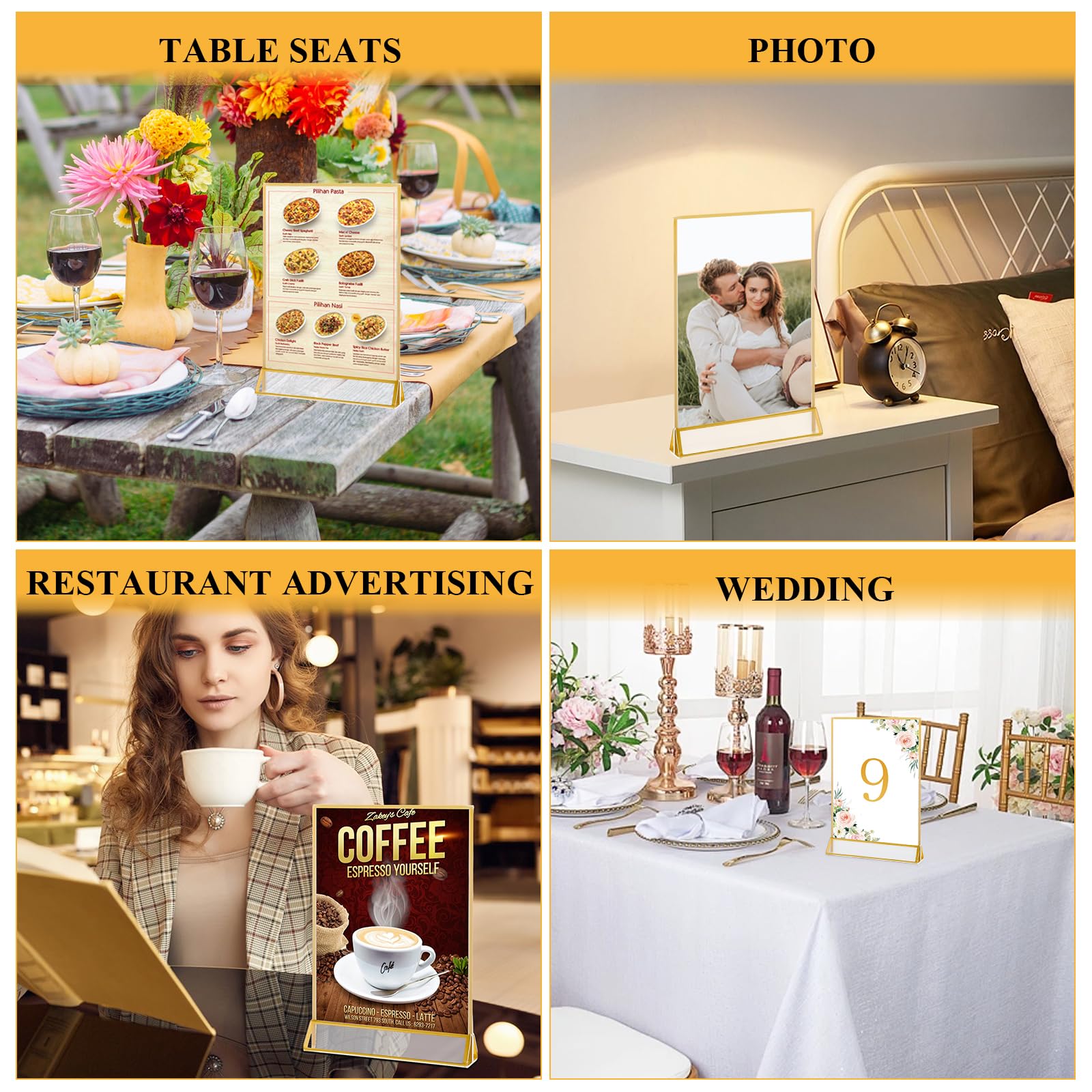 DAJAVE Cadres Photos Dorés Double Face 13x18CM - Pack de 12 - Porte-numéros de table dorés en acrylique, chevalets de table transparents pour affiche, porte-menus, cadres photos (A6)