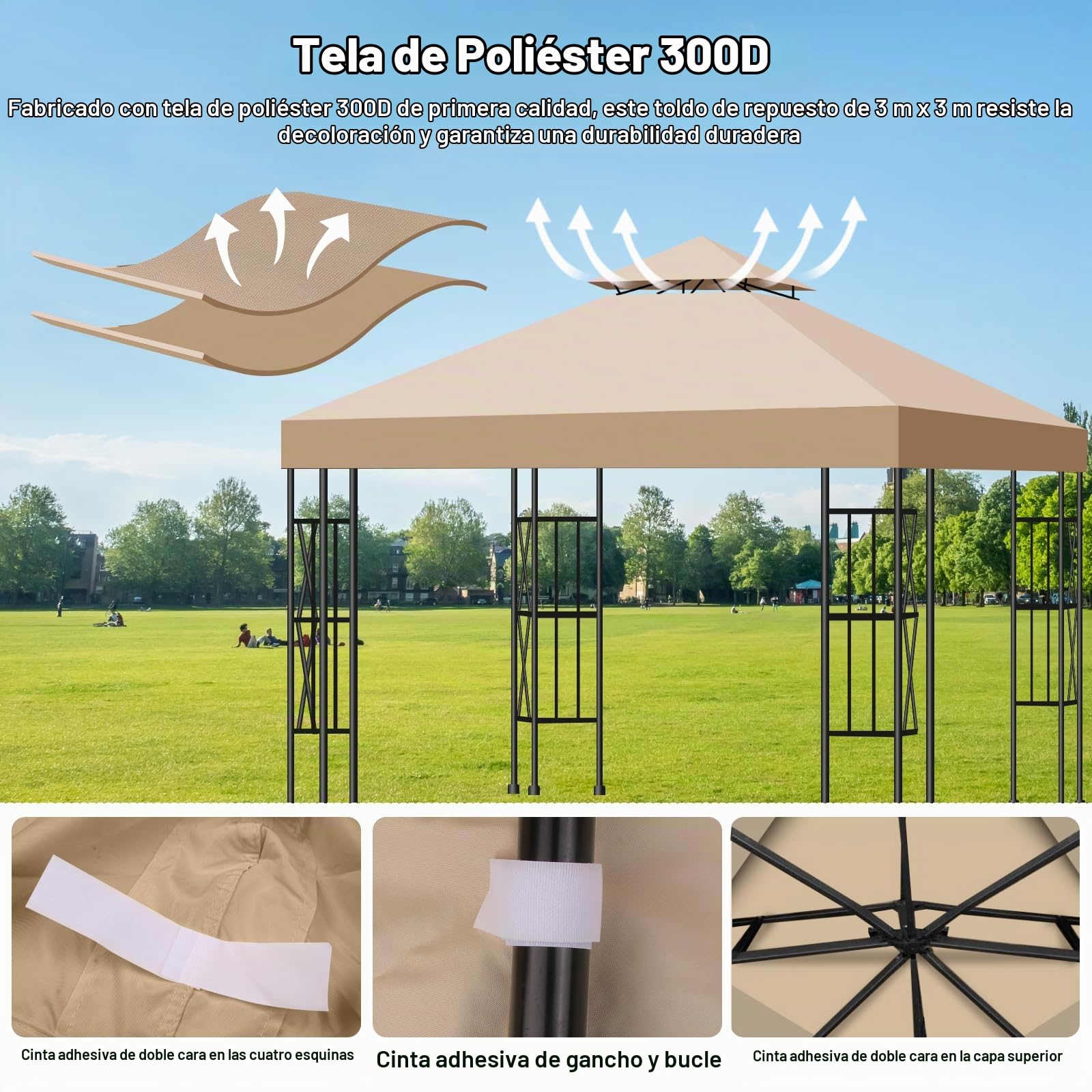 Toldo Recambio Pergola 3x3 m, Techo de Repuesto con Ventilación para Cenador de Jardín, Cubierta Amovible Lona Impermeable con Protección UV para Barbacoa, Bodas, Fiestas y Camping(Caqui)