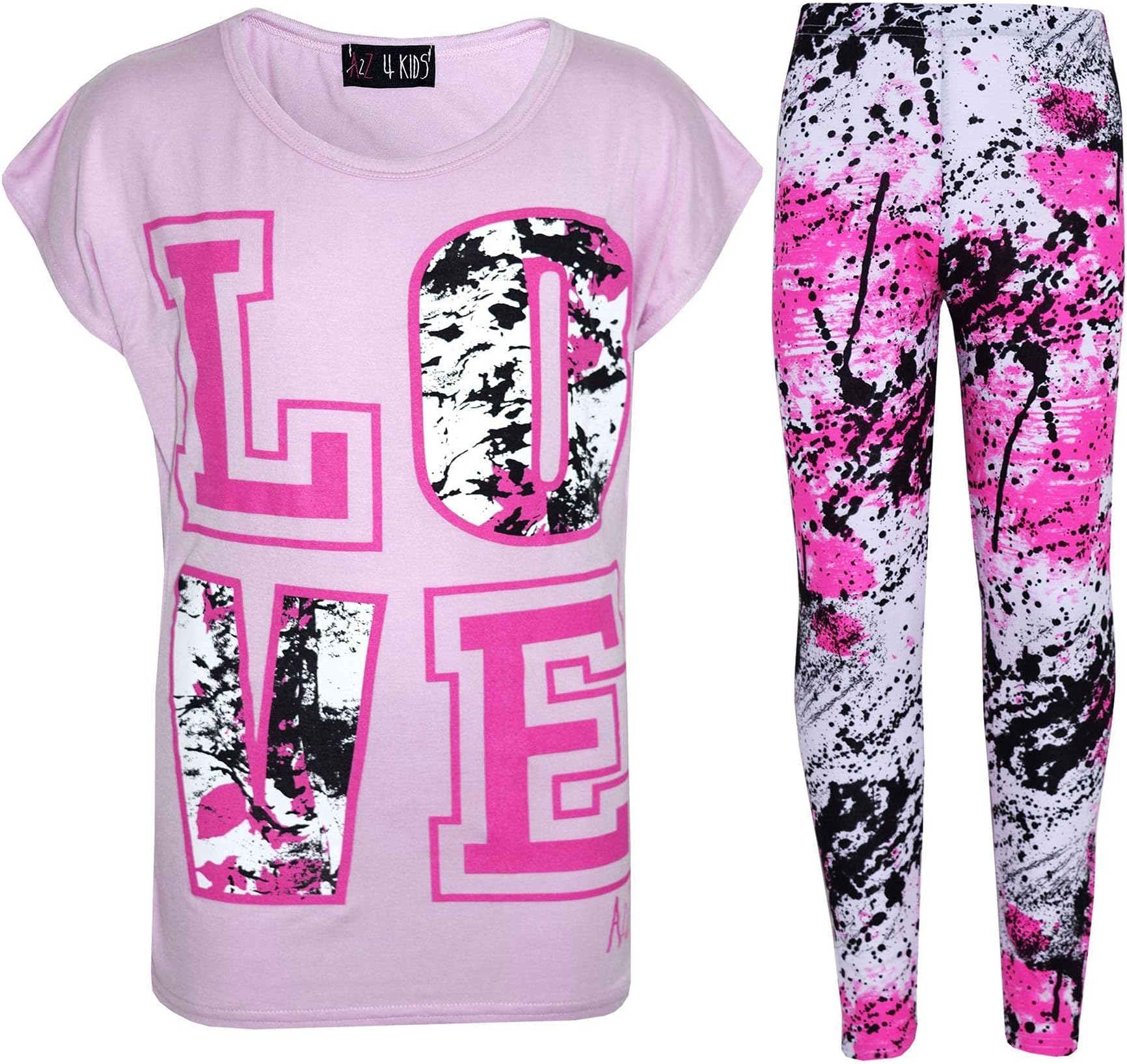 A2Z 4 Kids Girls Love Print Crop Top with Short/Long Sleeves & Splash Print Leggings Set Fashion Outfit for Girls Age 5-14 Years