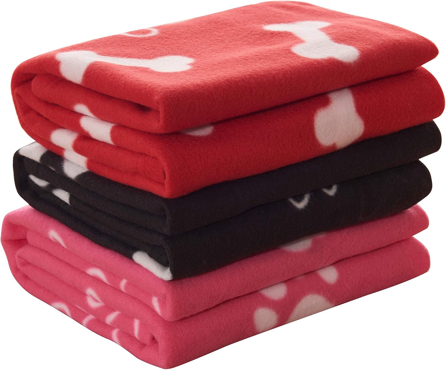 CAI TENG Pet Blanket Dog Blanket Cute Cat Fleece Blankets with Bone and Paw Print Soft Blanket for Kitten Puppy and Other Animals (Pack of 3, 47 x 47 in, Red, Black, Pink)