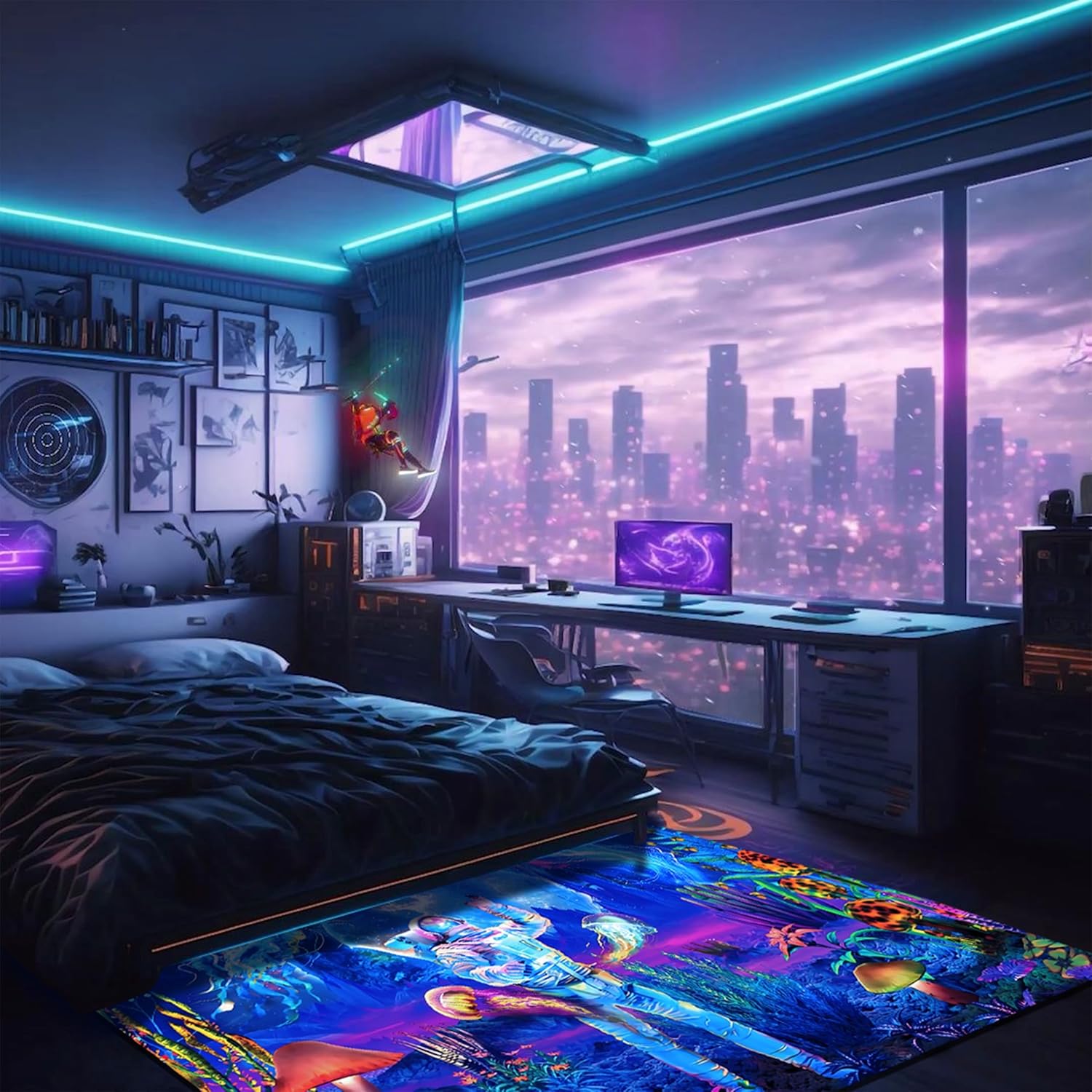 Blacklight Astronaut Area Rug, Neon UV Reactive Kids Rug, Non-Slip Fluorescent Floor Mat Carpet, Glow in The Dark Jellyfish Galaxy Space Bed Room Decor 70x47inch