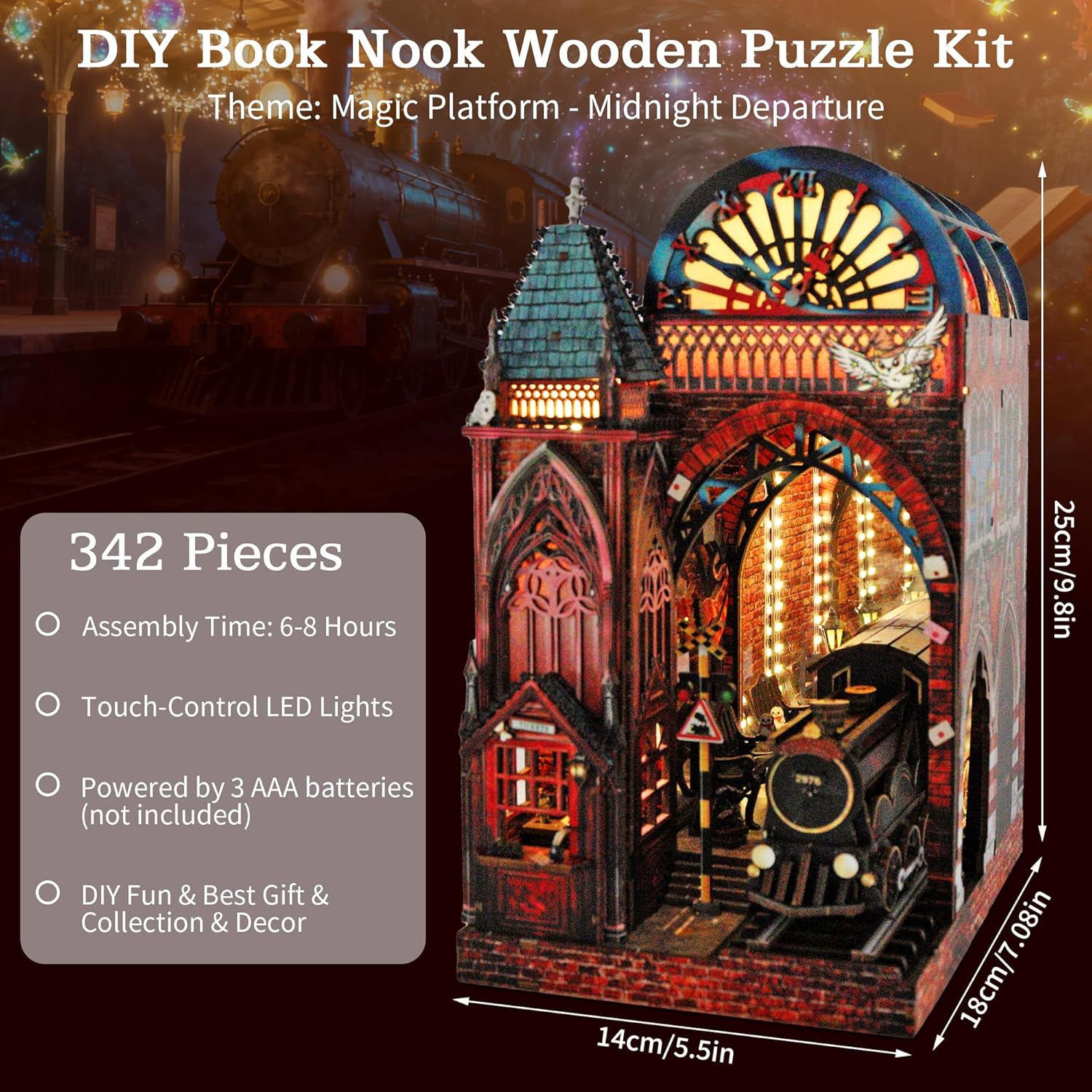 Magic Platform DIY Book Nook Kit Interactive 3D Wood Puzzle LED Magical Miniature with Infinite Mirror Extension Space DIY Bookshelf Insert Decor Gifts Miniature House Magic Express Diorama Scenery