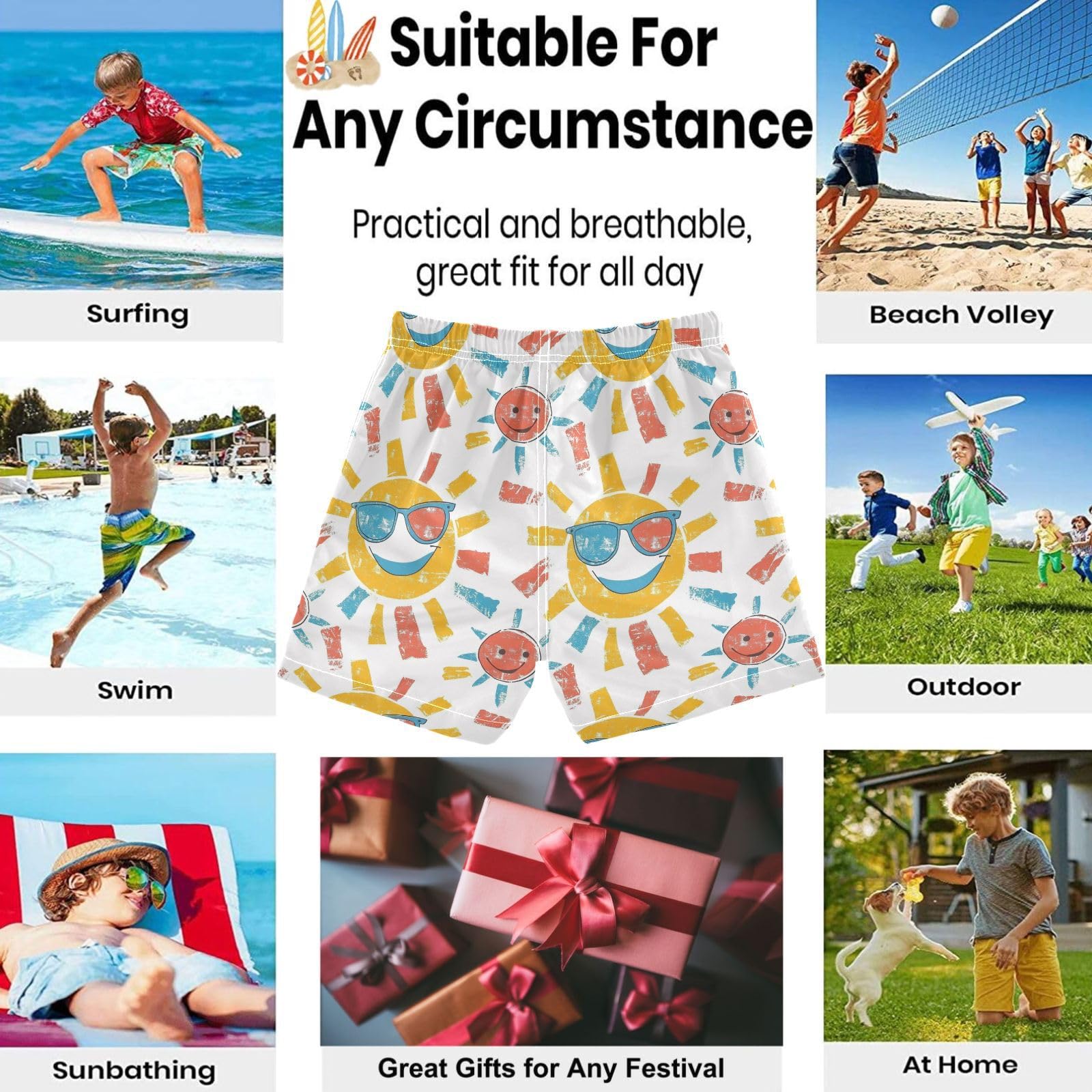 visesunny Summer Boy's Beach Shorts Cartoon Sun 3D Glasses Quick Dry Swim Trunks Baby Boy Bathing Suit with Pockets 3T Multi