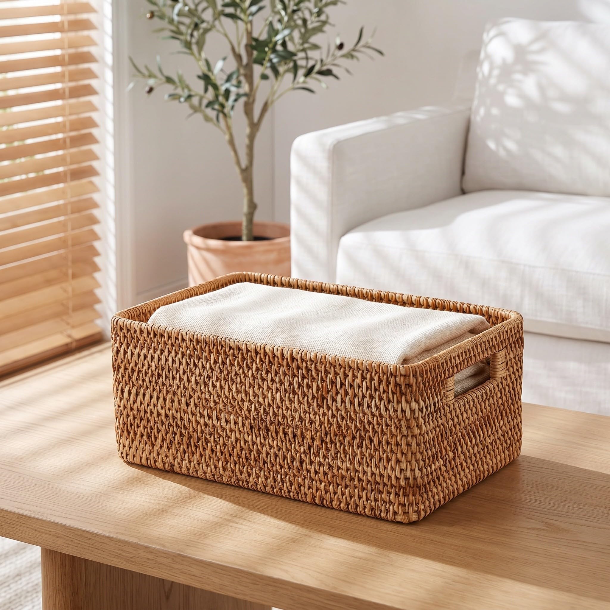 Toddmomy Caja de almacenamiento de ratán tejido para cocina y despensa, baúl grande de mimbre con asas integradas, ideal para artículos diversos, baño y artículos esenciales del hogar. Medidas: