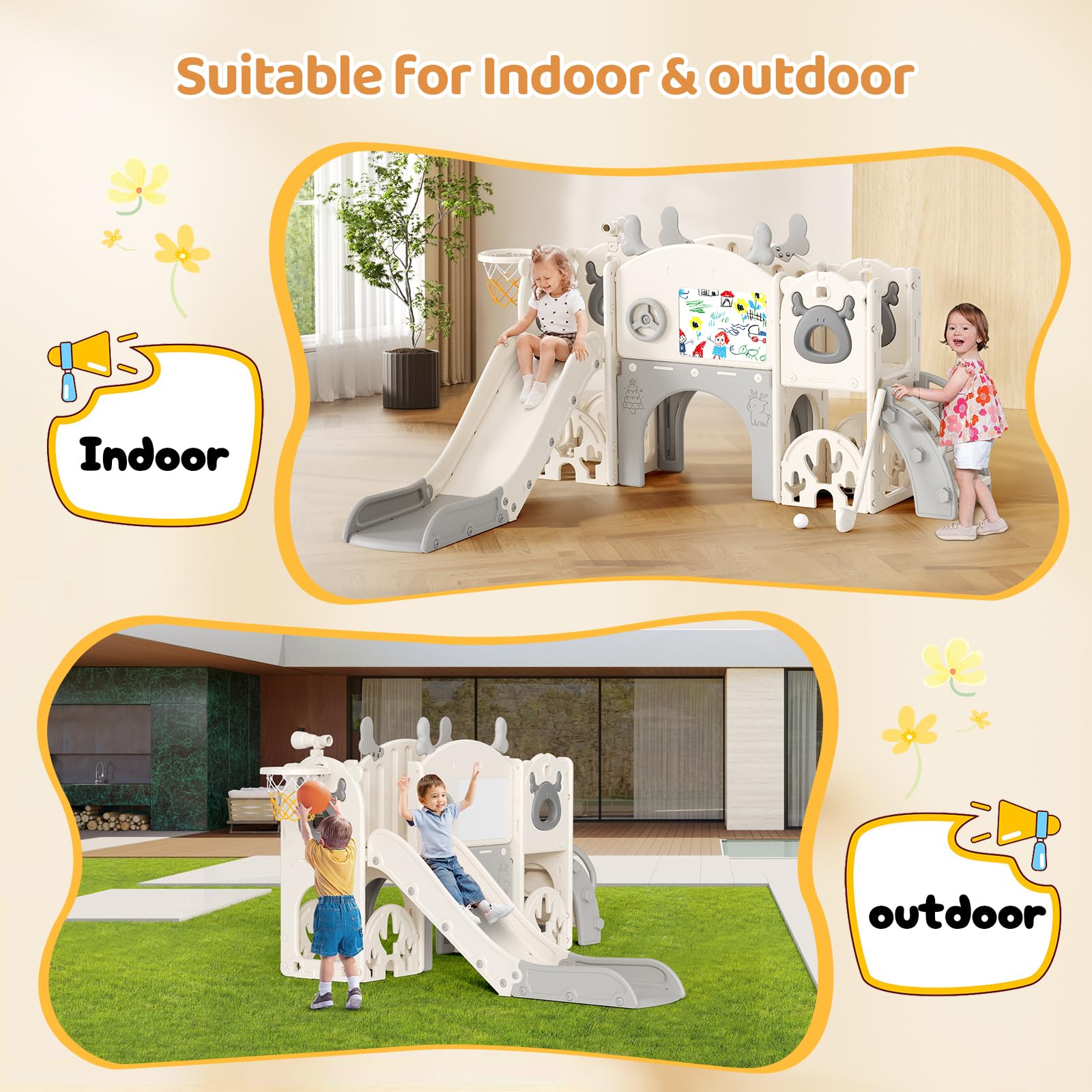 Kinderrutsche 7 in 1 extralange Rutschbahn freistehend mit Basketballkorb Kleinkindklettergerüst Montessori Spielset Beige Grau