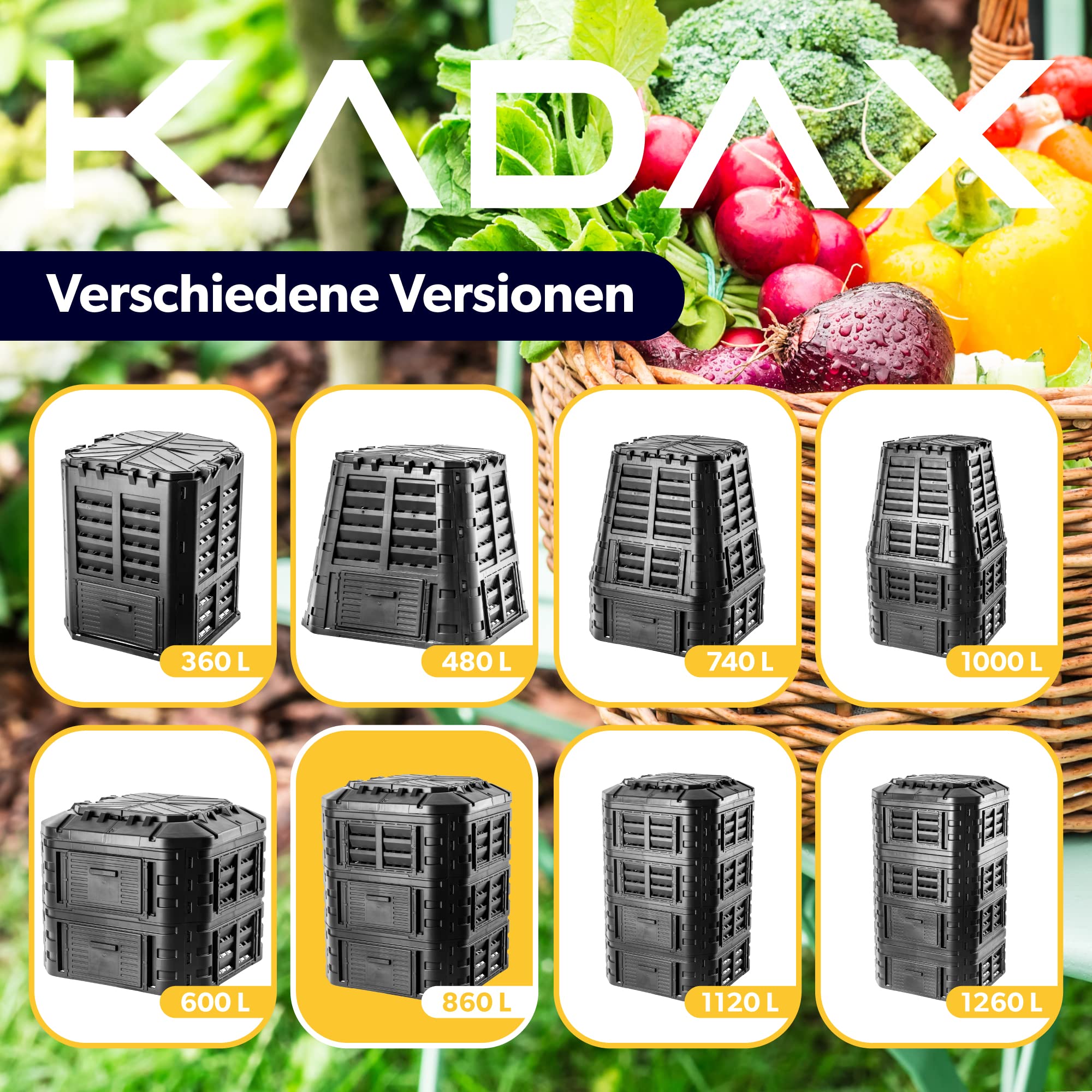 KADAX Modul-Kompostanlage, Schnellkomposter aus Kunststoff, Komposter mit Druckknöpfen, schwarzer Thermokomposter mit klappbarem Deckel (860L)