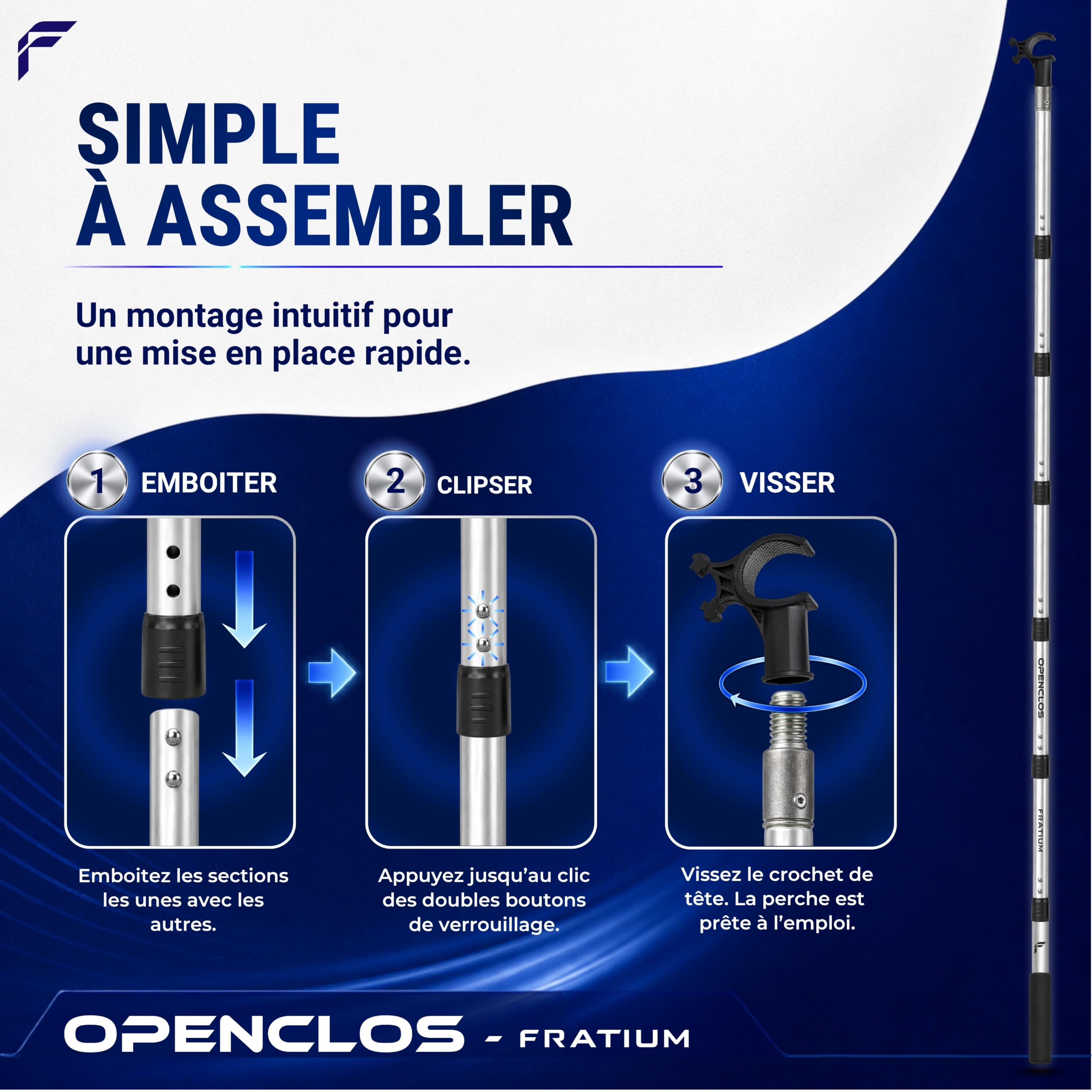 OPENCLOS Perche Canne Barre pour Fenêtre de Toit, Store Occultant, Moustiquaire, Compatible Velux GGL, GGU, GPU, GHL | Crochet Anti-Dérapant, 7 Sections Aluminium, 182 cm