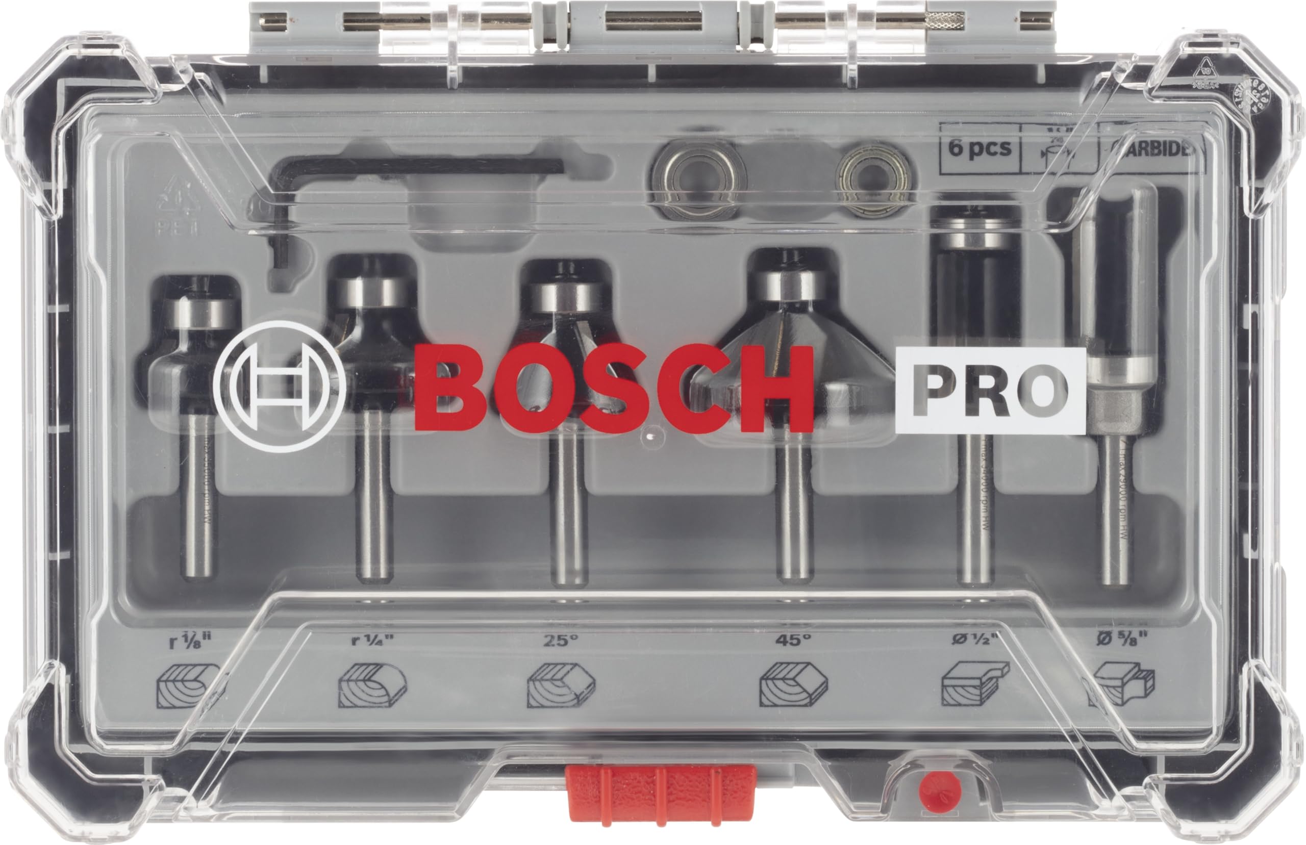 Bosch 6x Kit de fraises à araser et de bordage PRO, 6 pièces (pour Bois résineux, Bois dur, Ø mm, Professional Accessoire Défonceuse manuelle, Fraise à araser)