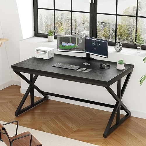 Miniatura 5 de IBF Escritorio de Oficina Negro, Escritorios Simples de Madera para Computadora con Patas de Metal, Mesa de Trabajo de Estudio Moderna para