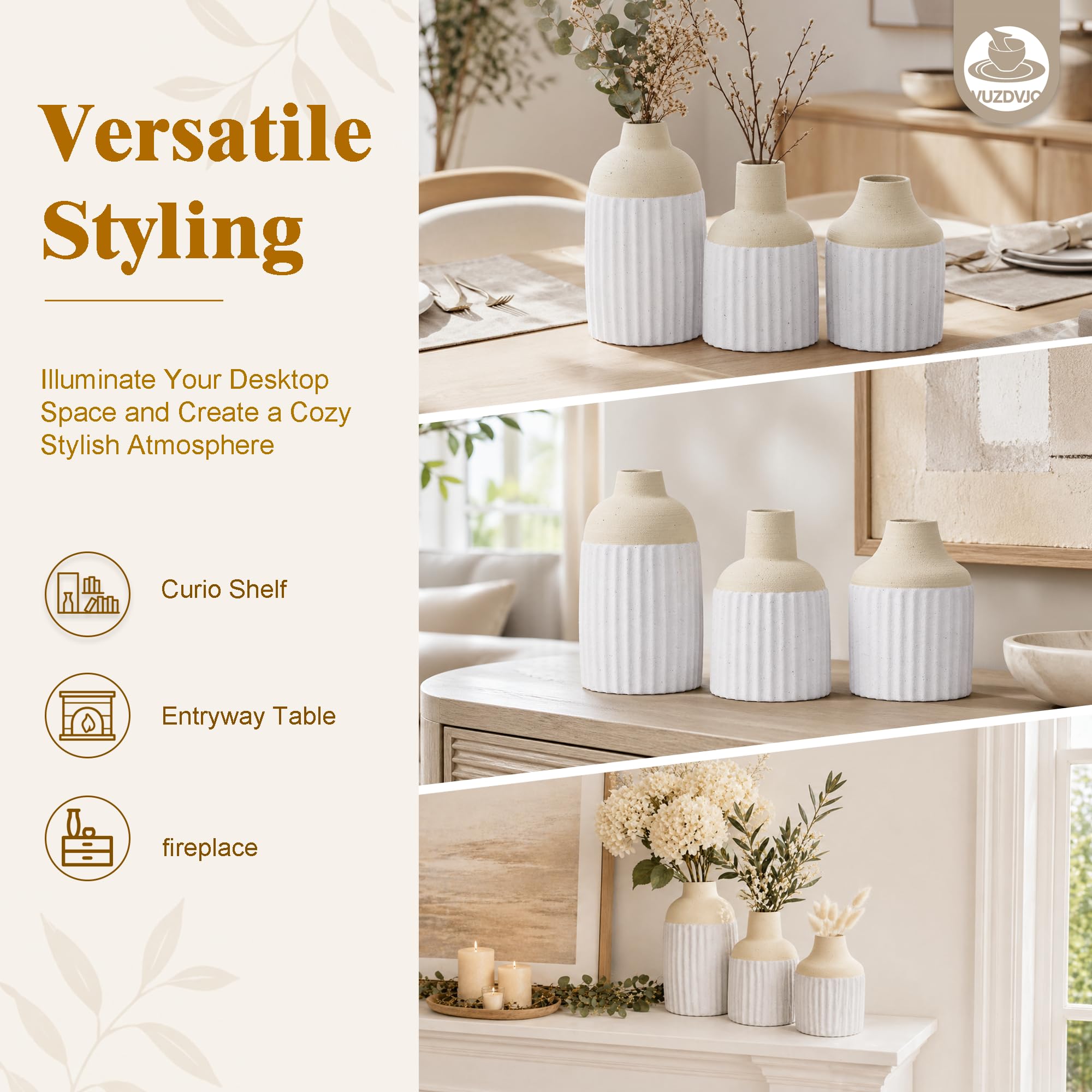 Juego de 3 jarrones de cerámica modernos y estéticos bohemios para decoración del hogar para cocina, comedor, dormitorio, oficina, sala de estar, baño y estantes, centro de mesa, decoración (beige
