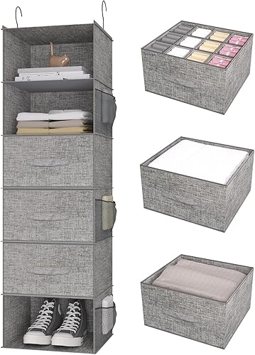 Miniatura 10 de Organizador y almacenamiento de armario colgante, organizador de ropa para armario, estantes colgantes anchos beige con cajones