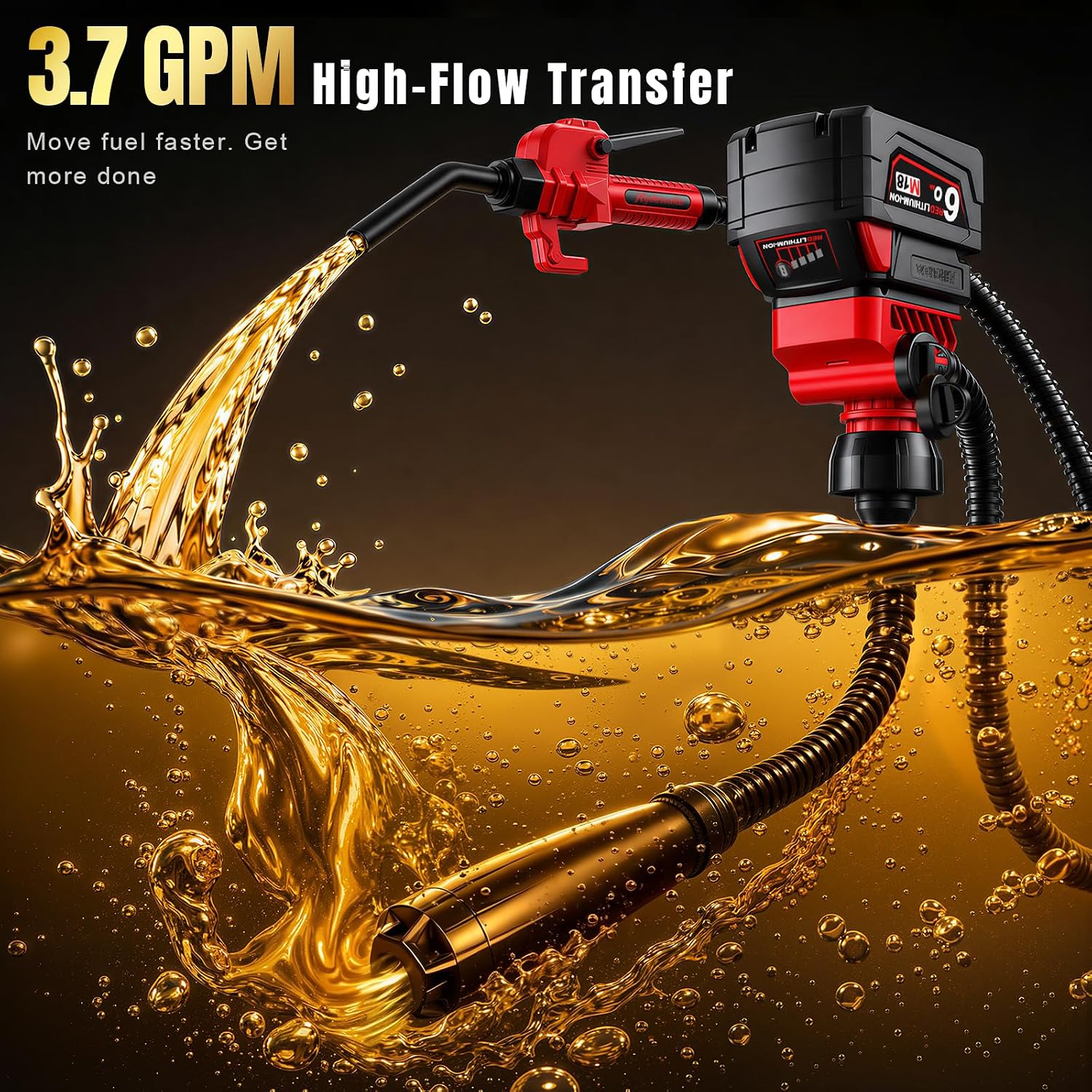 Fuel Transfer Pump for Milwaukee M18 Batteries, 3.7 GPM Cordless Gas Can Pump Kit with Locking Nozzle, Fuel Pump for Gasoline Diesel Kerosene Light Oil, 3 Adapters, Battery Not Included