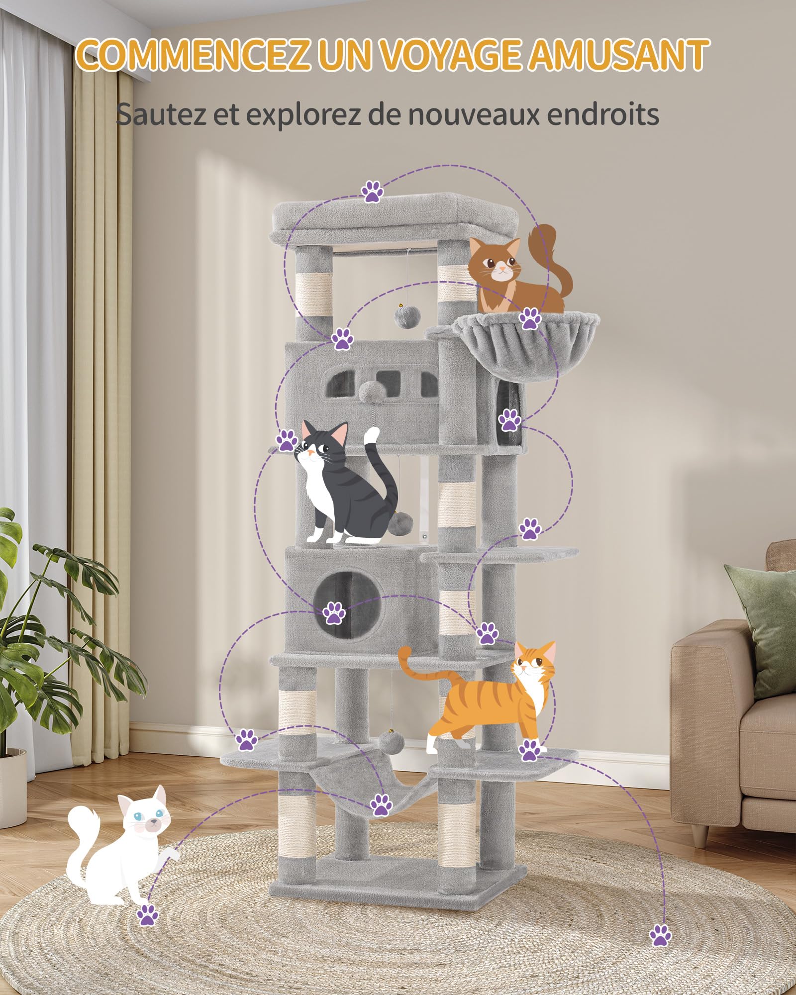 Hzuaneri 170 cm Grand Arbre à Chat, Tour à Chat pour Chats d'intérieur, avec Grand Perchoir, Tapis Lavable, 2 Niches Chats, 8 Griffoirs, Hamac, Pompons, Gris Clair MS17018LG